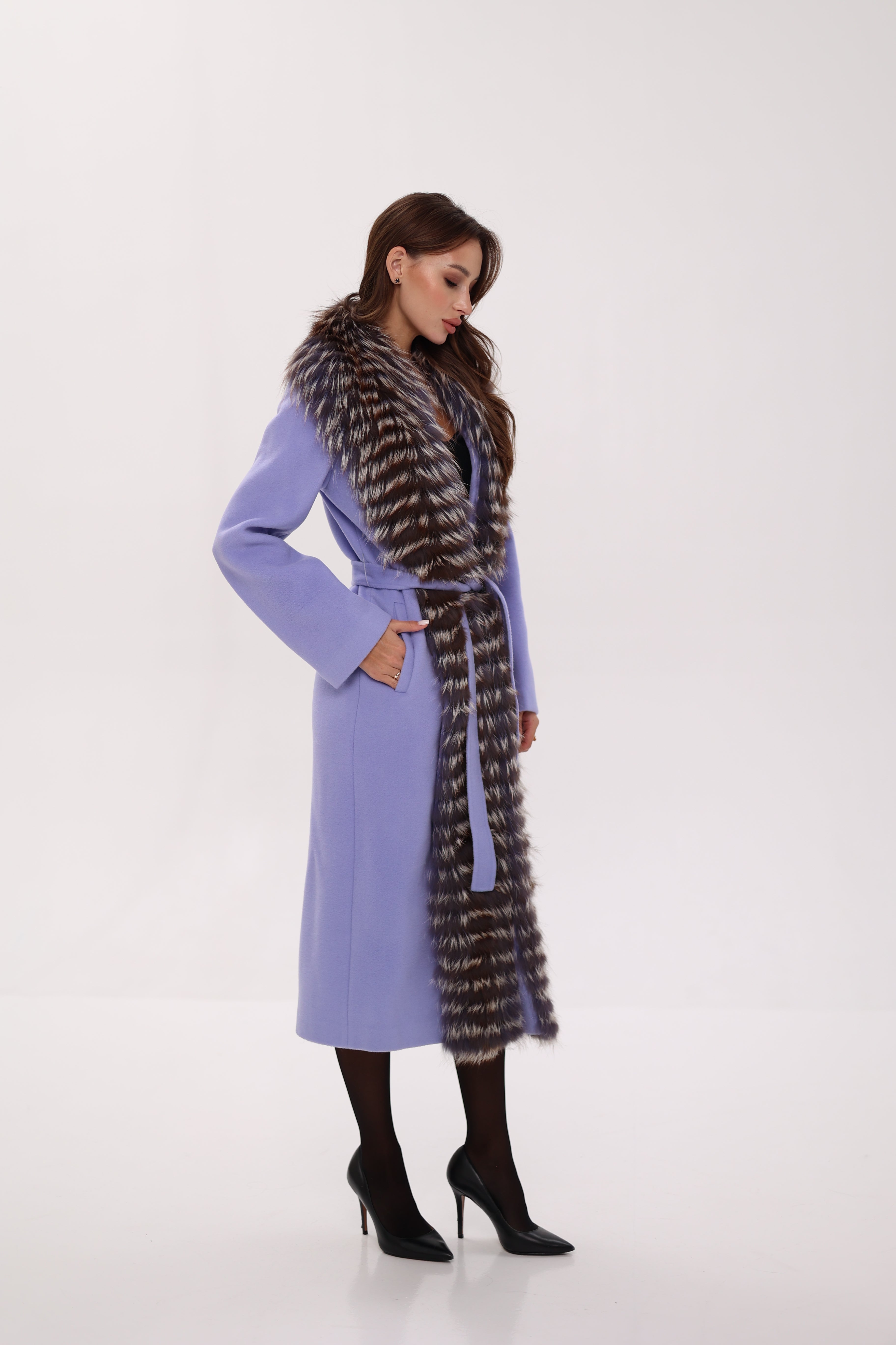Carrie Coat - Genuine Silver Fox Virgin Wool Wrap Coat in Lavender