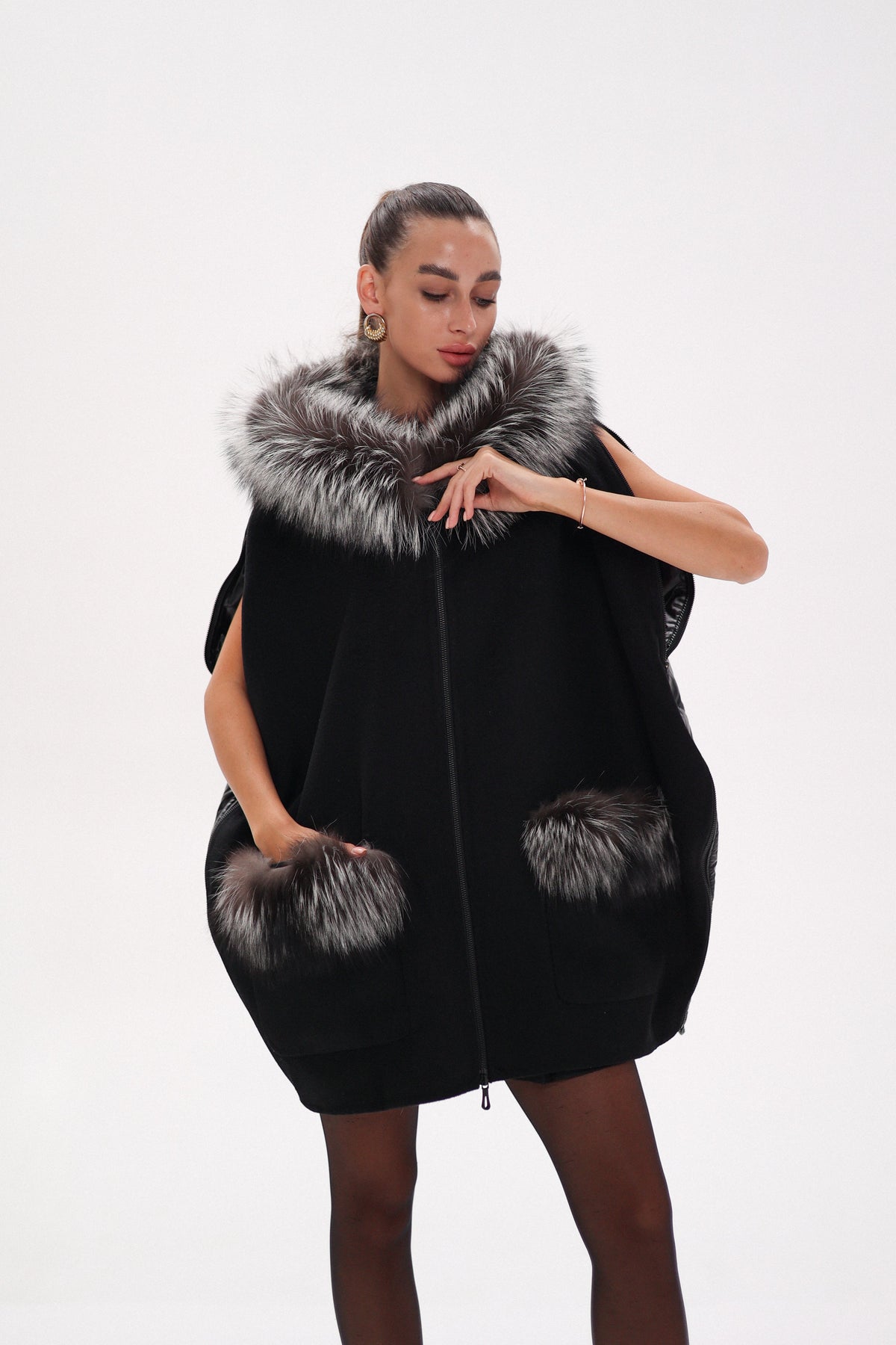 Saga®Furs Silver Fox Wool Cashmere Poncho Vest in Black