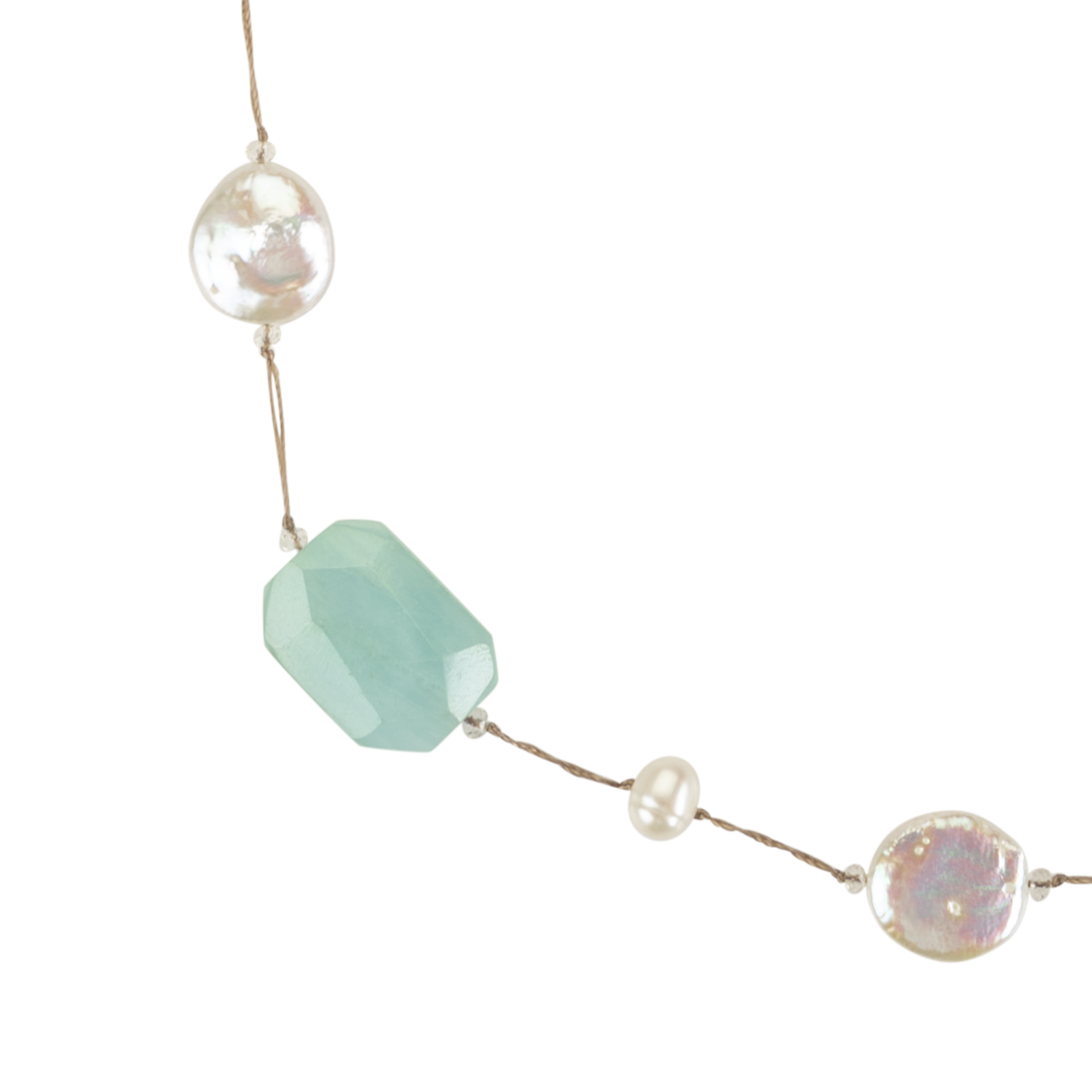 Aquamarine and coin pearl necklace on stainless