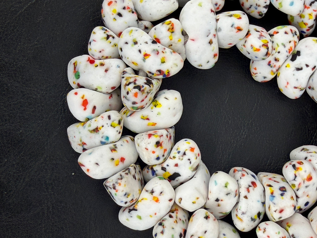 XL Confetti Snow Canoe-Shaped Krobo Powdered Glass Beads | White Multicolor Recycled Glass Beads | Handmade African Beads from Ghana