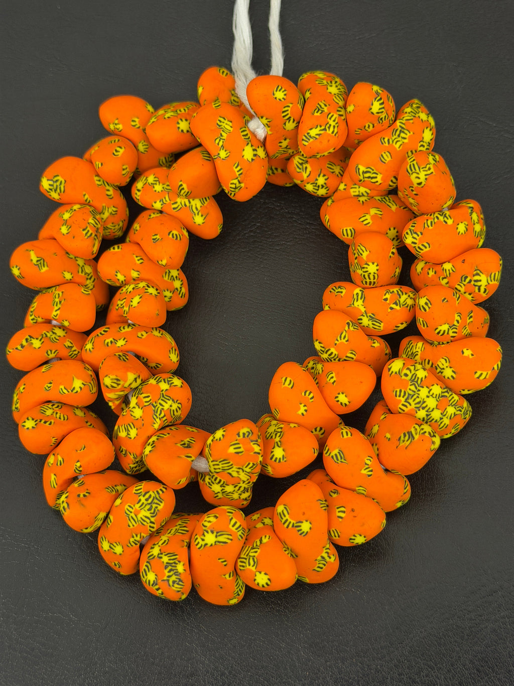 XL Orange Canoe-Shaped Krobo Powdered Glass Beads – Orange & Yellow Patterned African Recycled Glass Beads | Handmade Ghana Glass Beads | Statement Jewelry Beads Strand