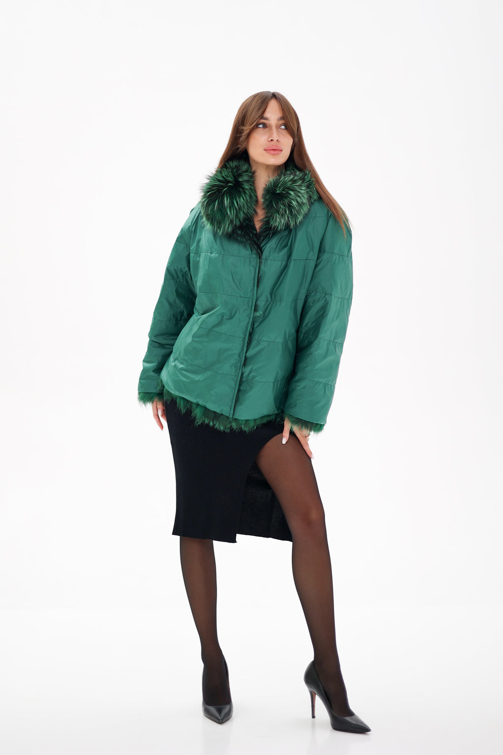 Reversible Genuine Silver Fox  Down Fill Coat in Emerald