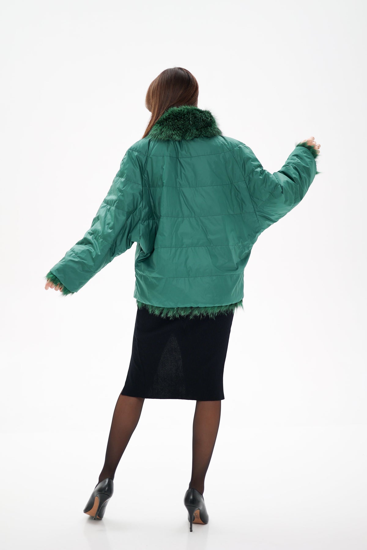 Reversible Genuine Silver Fox  Down Fill Coat in Emerald