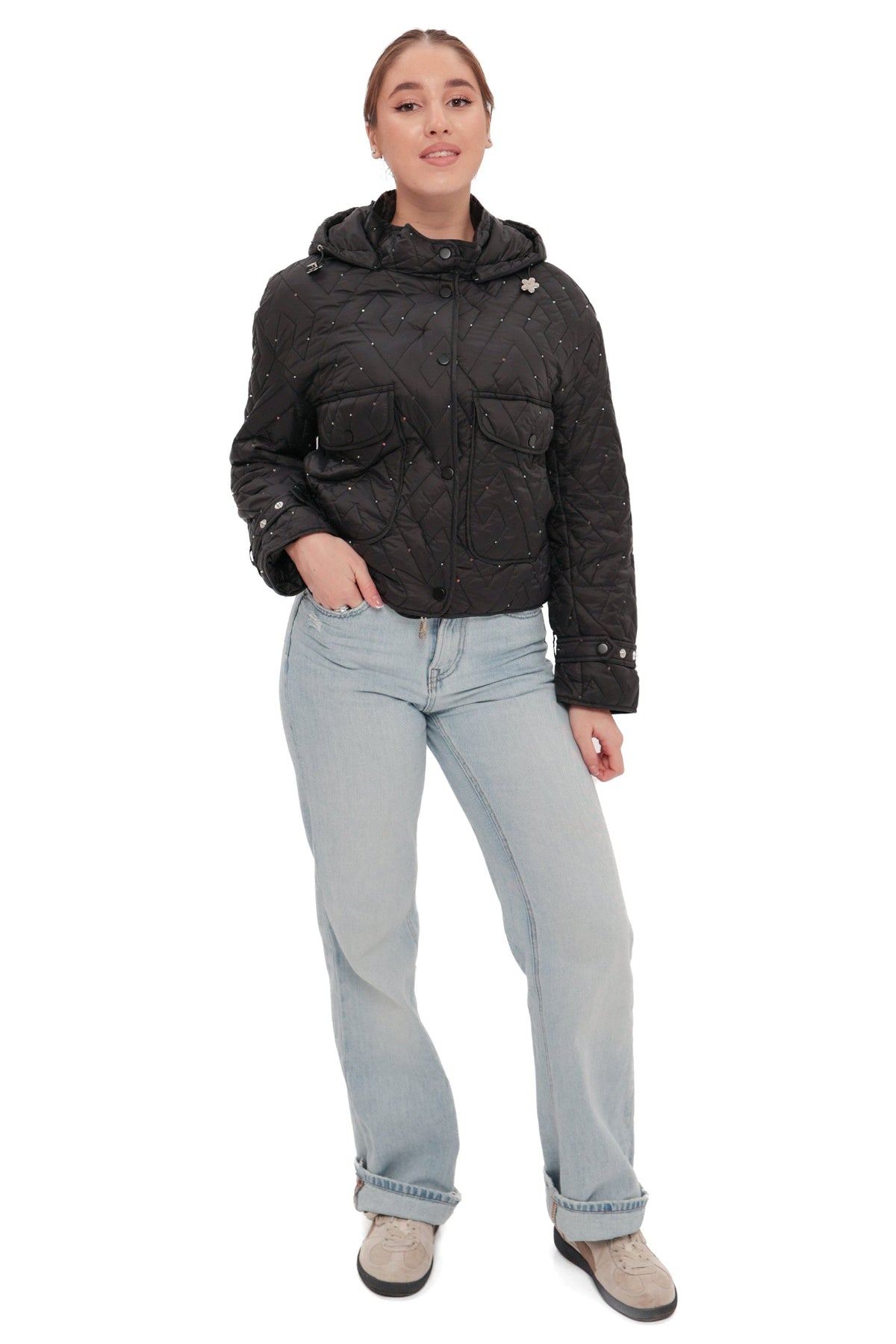 Studded Light Demi-Season Hooded Cropped Jacket in Black