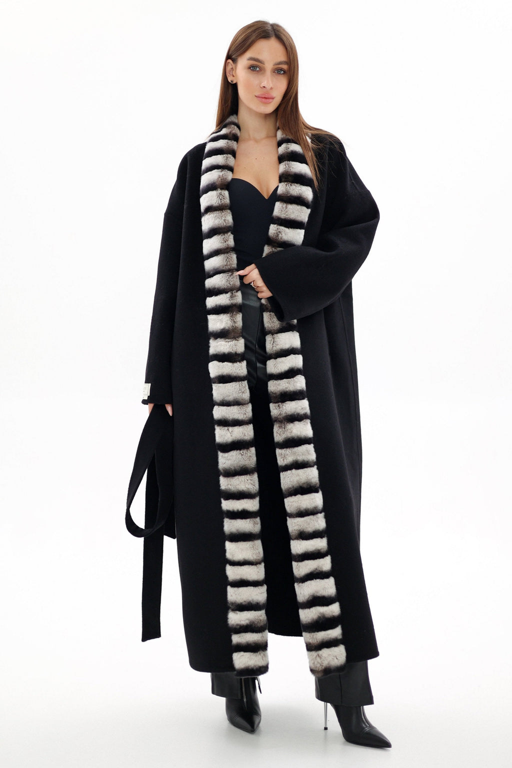 Genuine  French Orylag Fur Italian Cashmere Wool Coat
