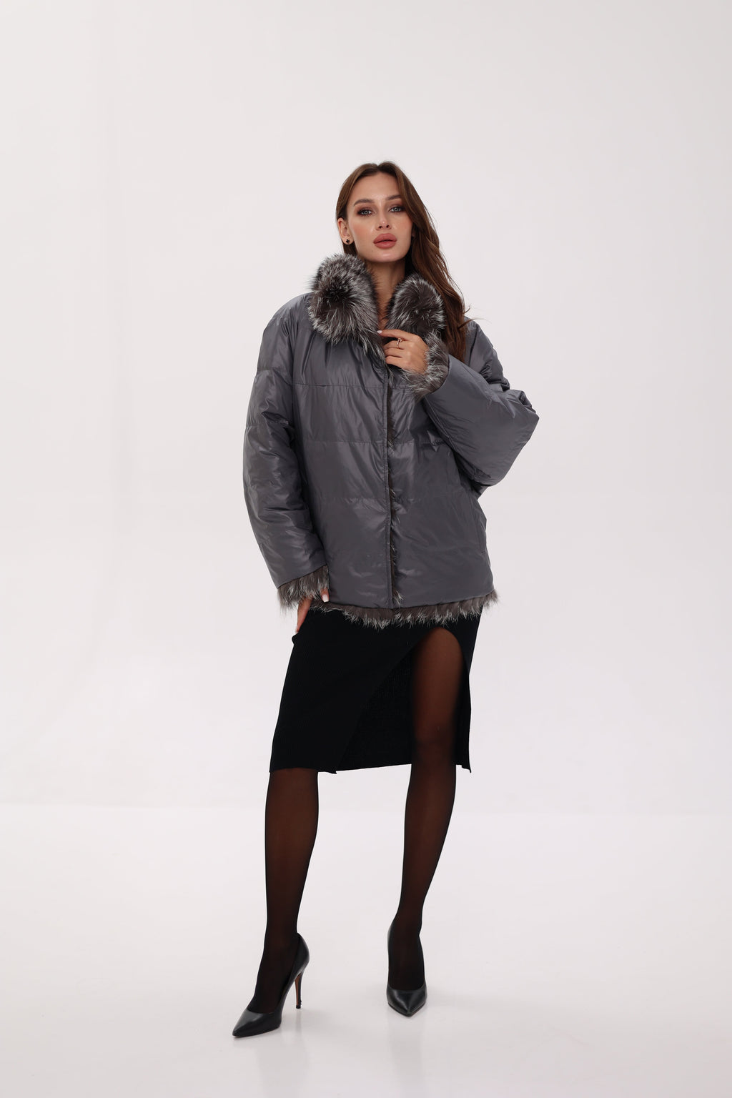 Reversible Genuine Silver Fox  Down Fill Coat in Grey