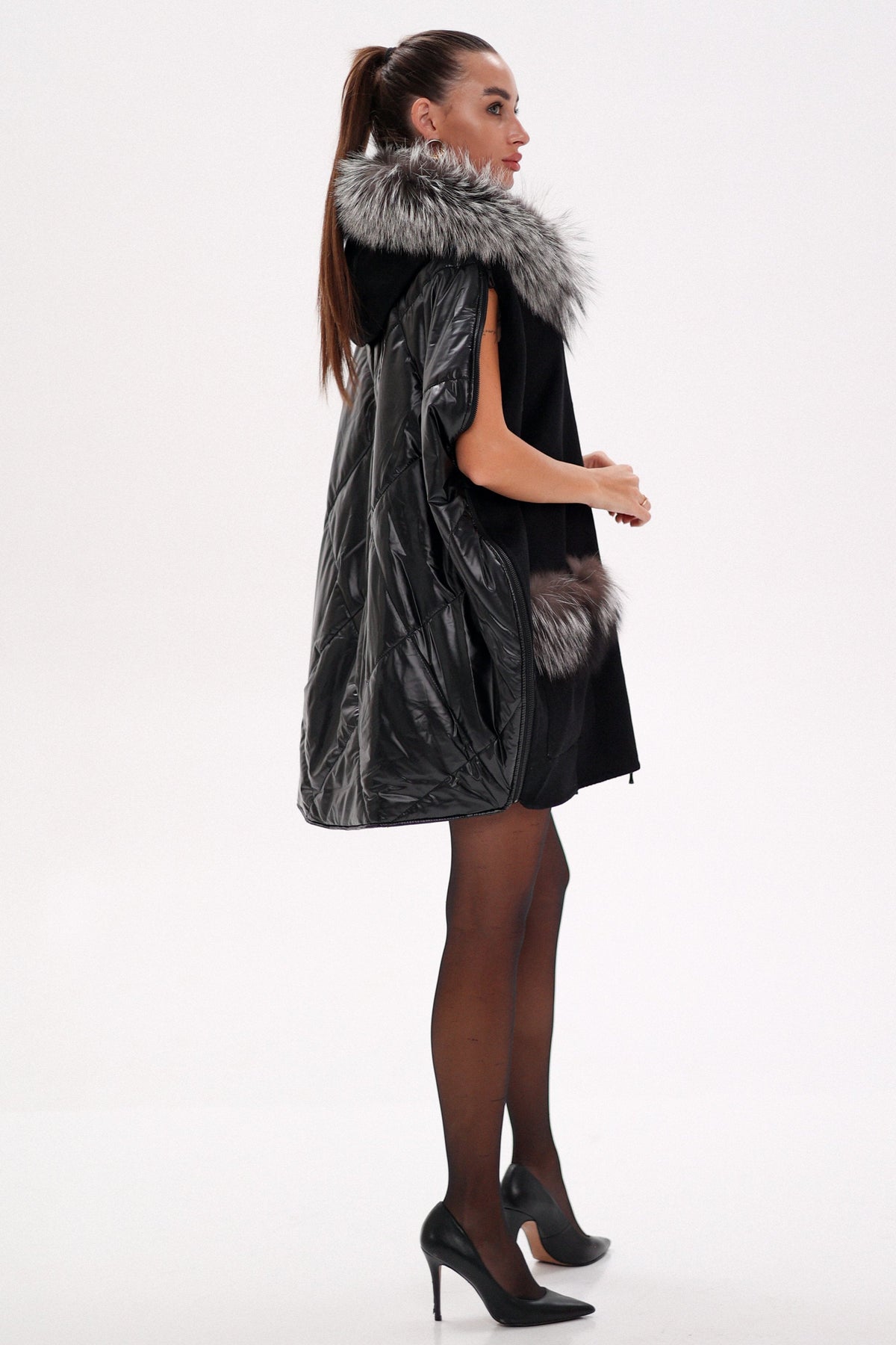 Saga®Furs Silver Fox Wool Cashmere Poncho Vest in Black