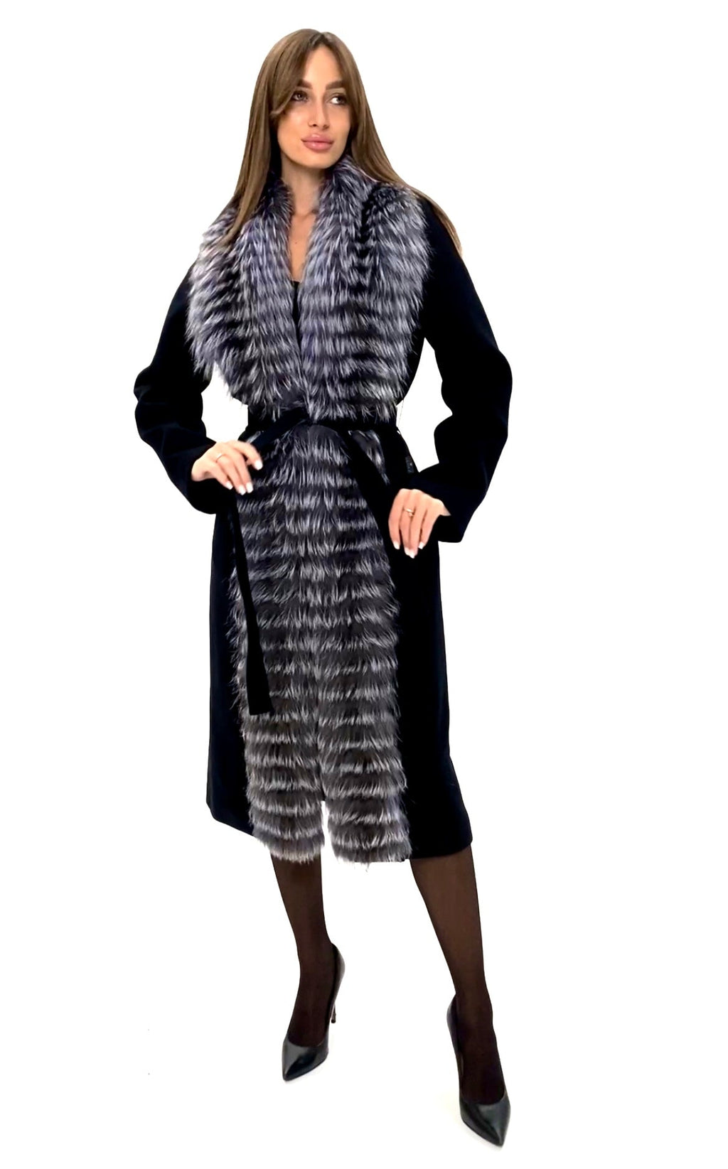Miranda Coat - Genuine Silver Fox Virgin Wool Wrap Coat in Black