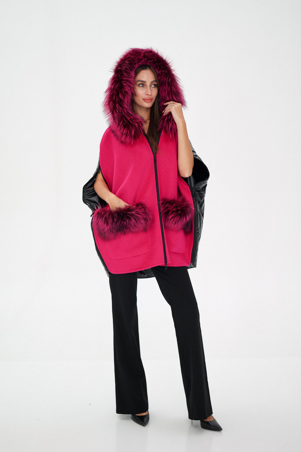 Saga®Furs Silver Fox Wool Cashmere Poncho Vest in Fuchsia