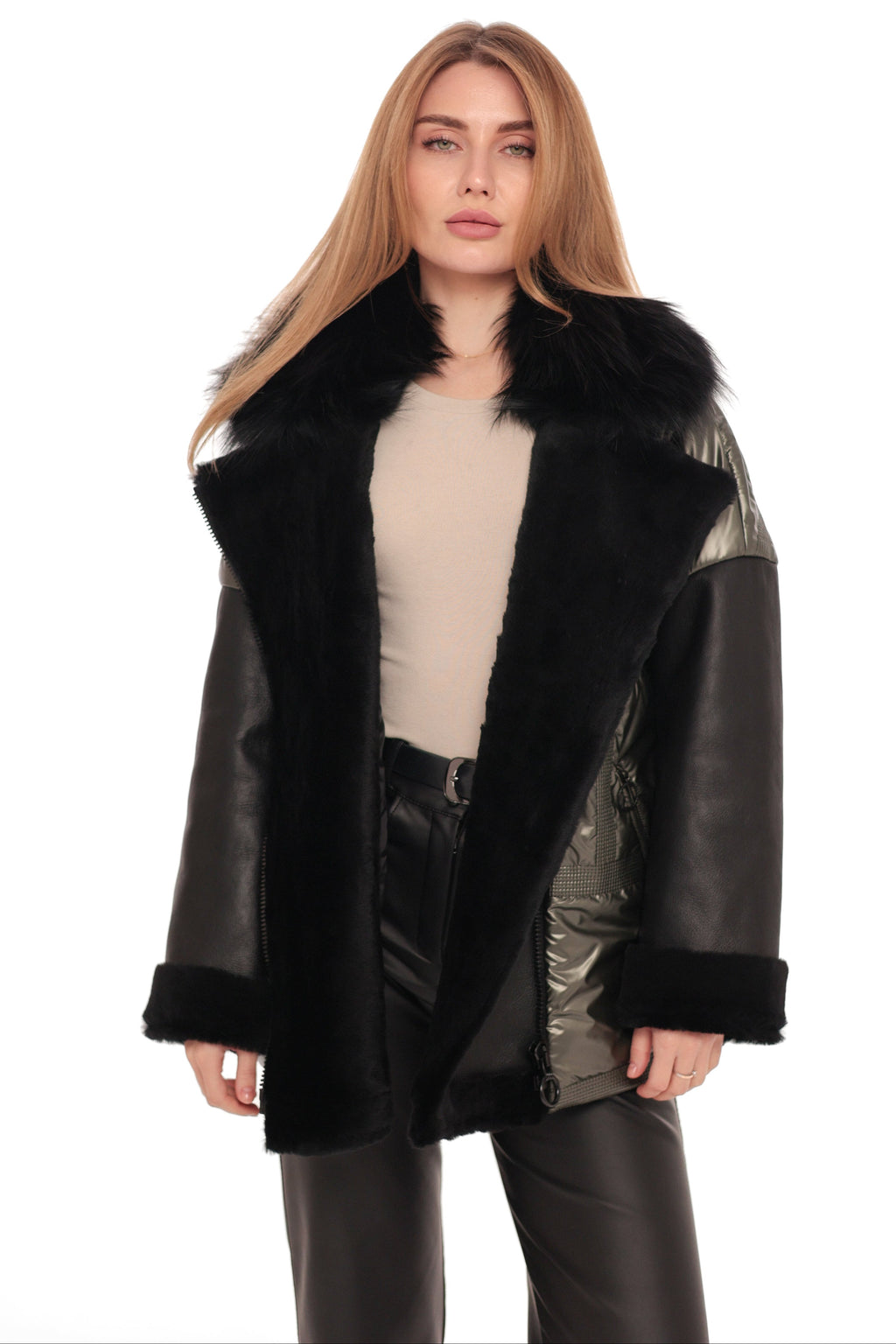 Audrey Genuine Lamb Leather Fox Fur Down Coat in Olive