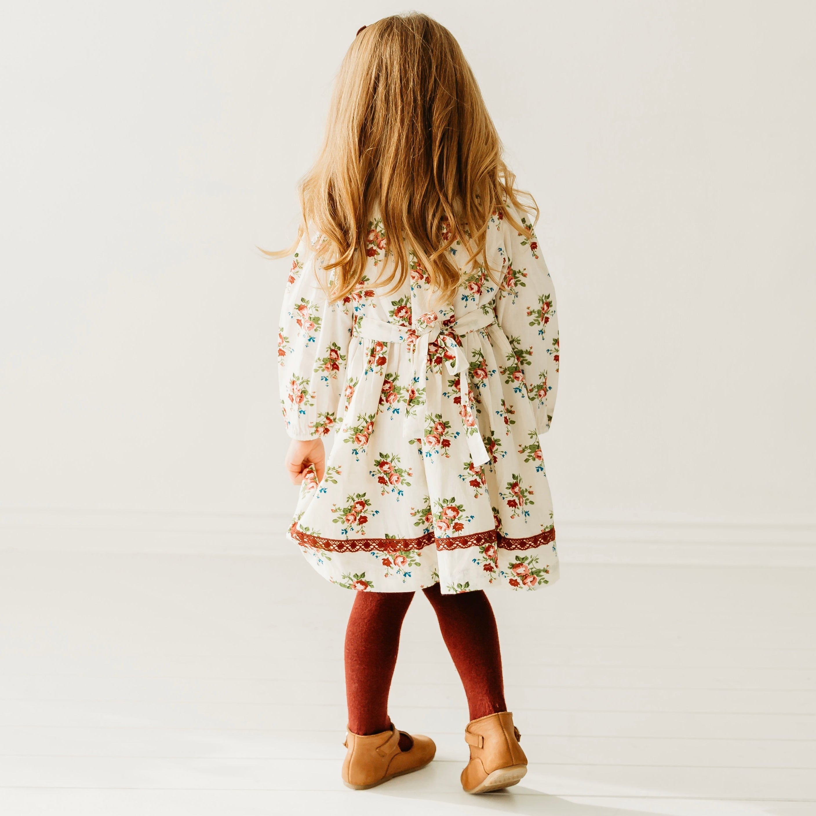 Bunch Floral Printed Girl's Cotton Dress with Crimson Lace