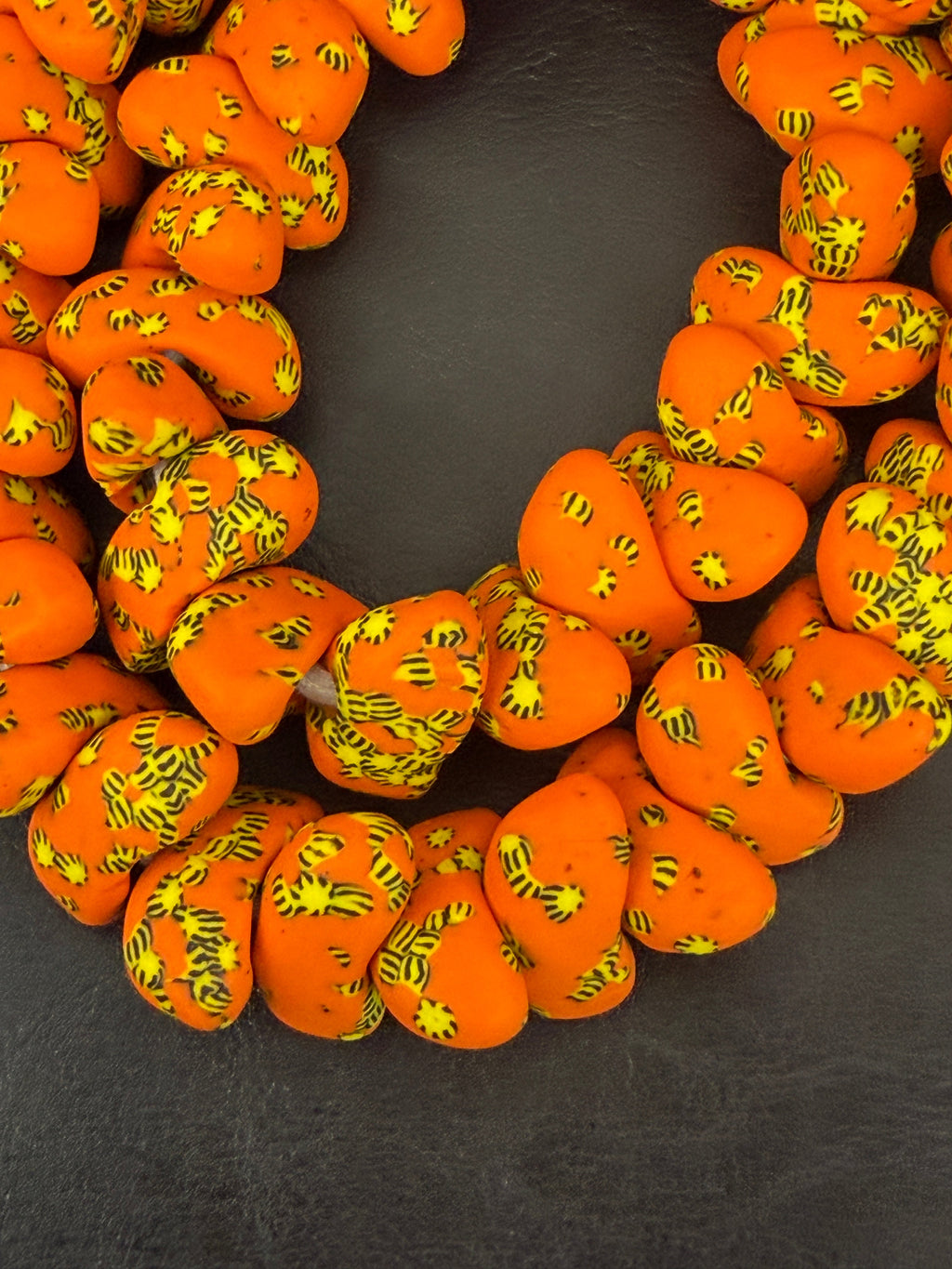 XL Orange Canoe-Shaped Krobo Powdered Glass Beads – Orange & Yellow Patterned African Recycled Glass Beads | Handmade Ghana Glass Beads | Statement Jewelry Beads Strand