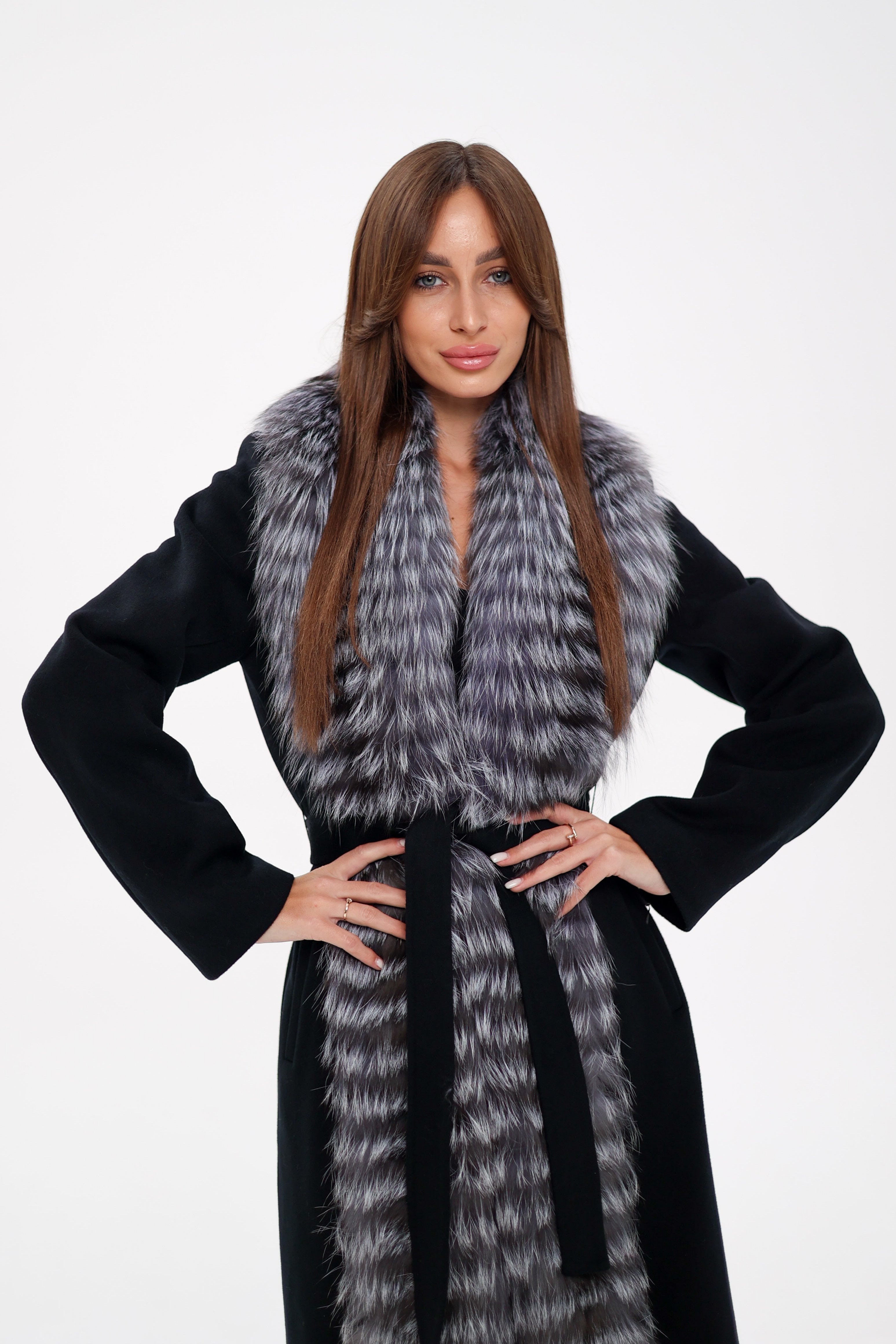 Miranda Coat - Genuine Silver Fox Virgin Wool Wrap Coat in Black