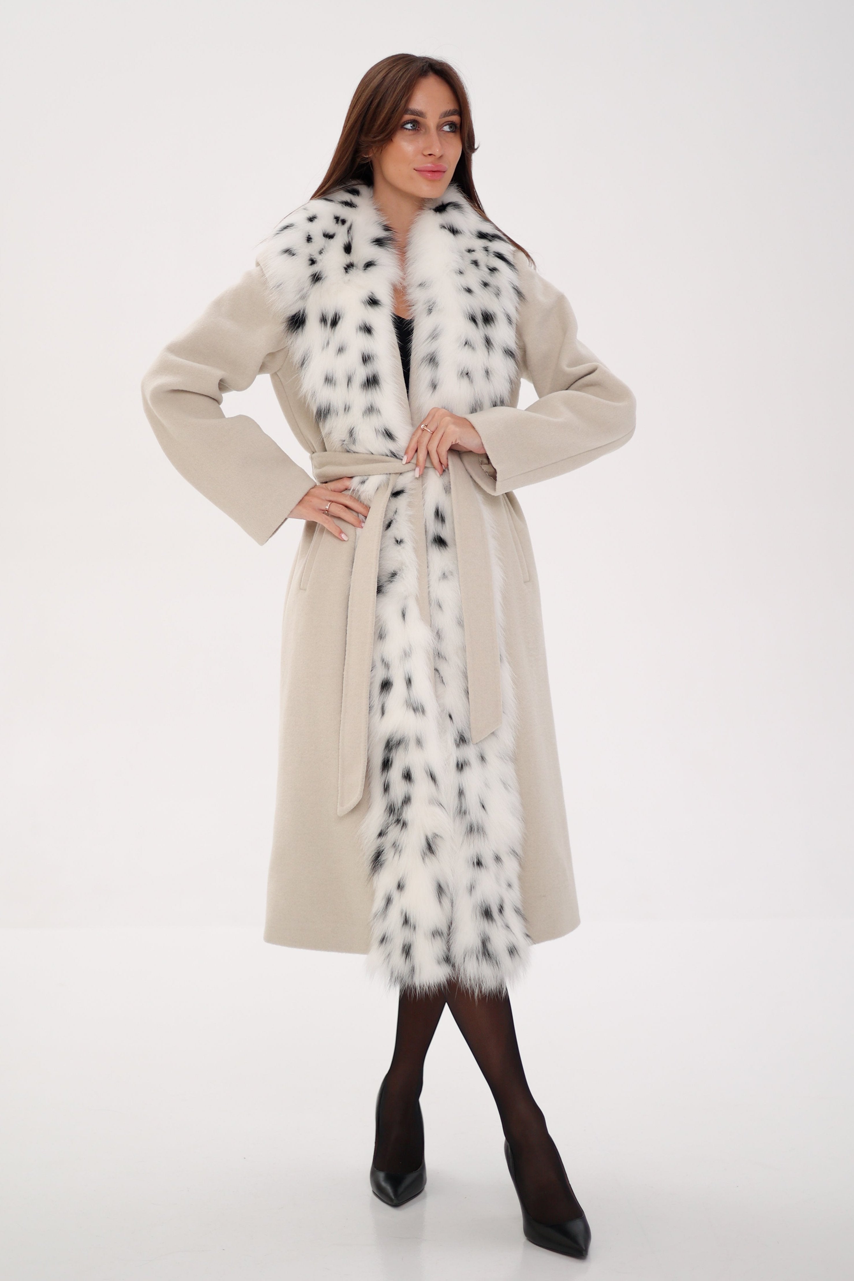 Charlotte Coat - Genuine Arctic Fox Virgin Wool Wrap Coat