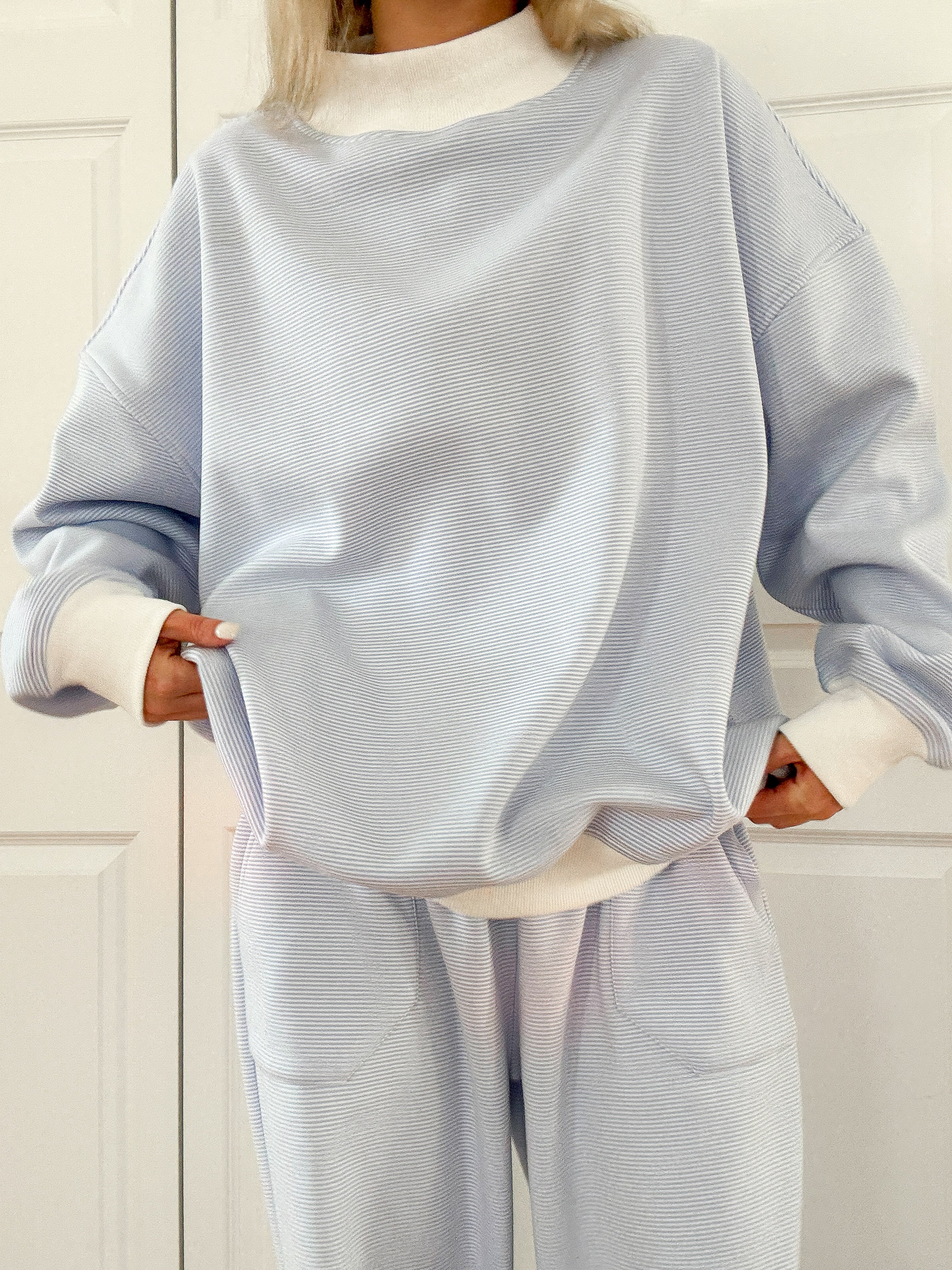 Blue and White Mini Striped Mockneck Sweatshirt