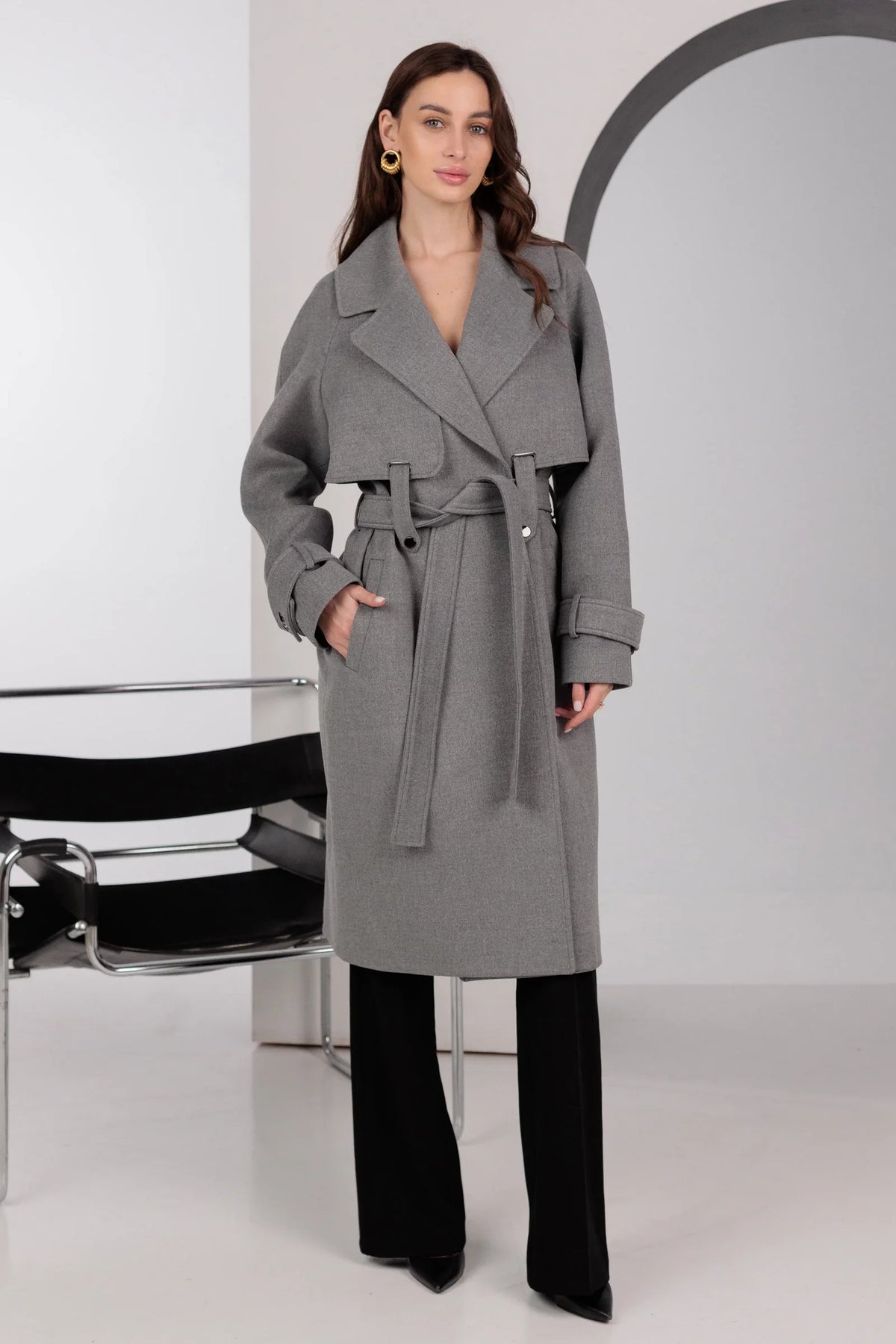 Karina Belted Wool Cashmere Blend Overcoat in Grey