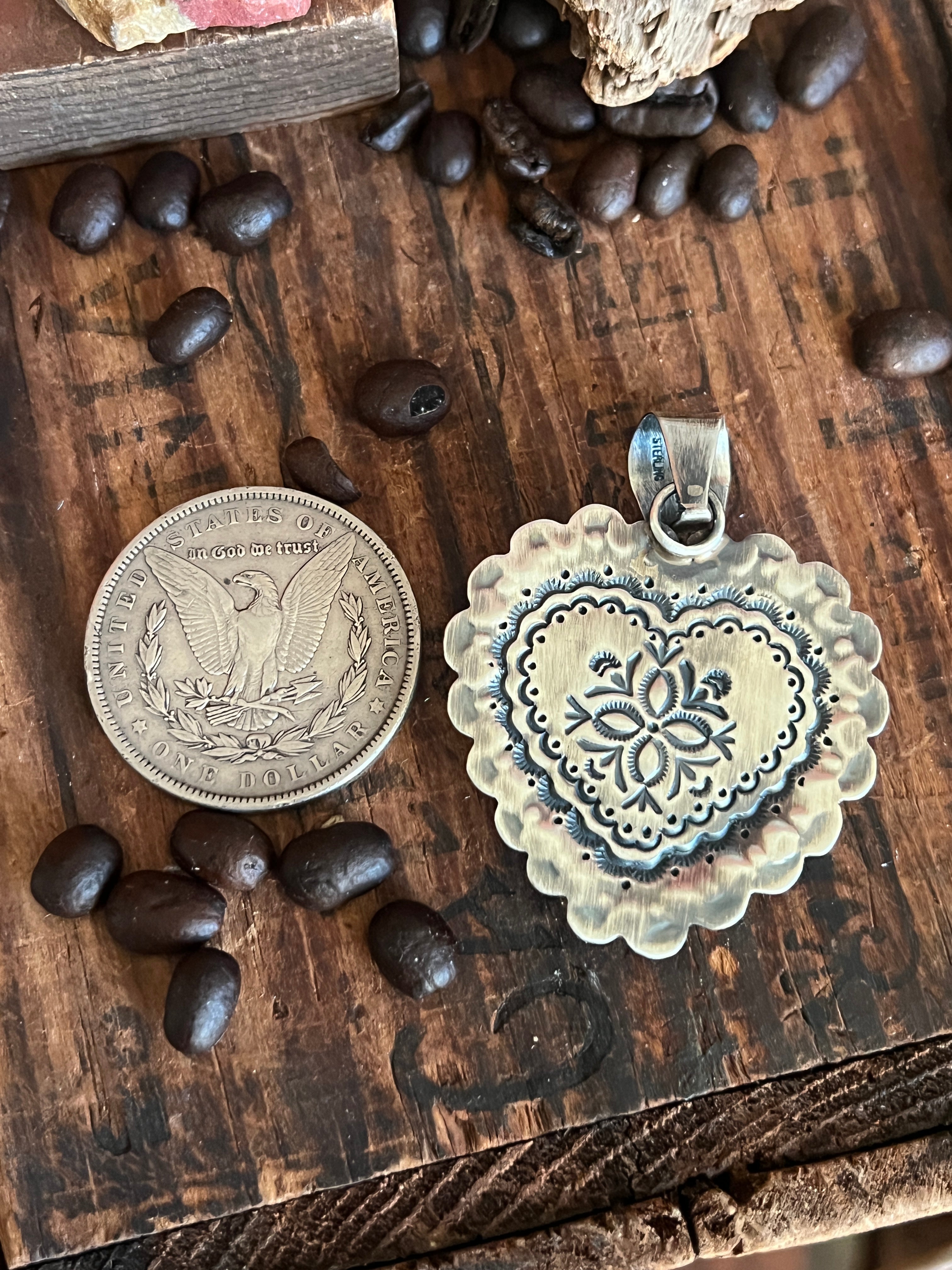 Hand Stamped Sterling Silver & Kingman Turquoise Heart Pendant by June Delgarito