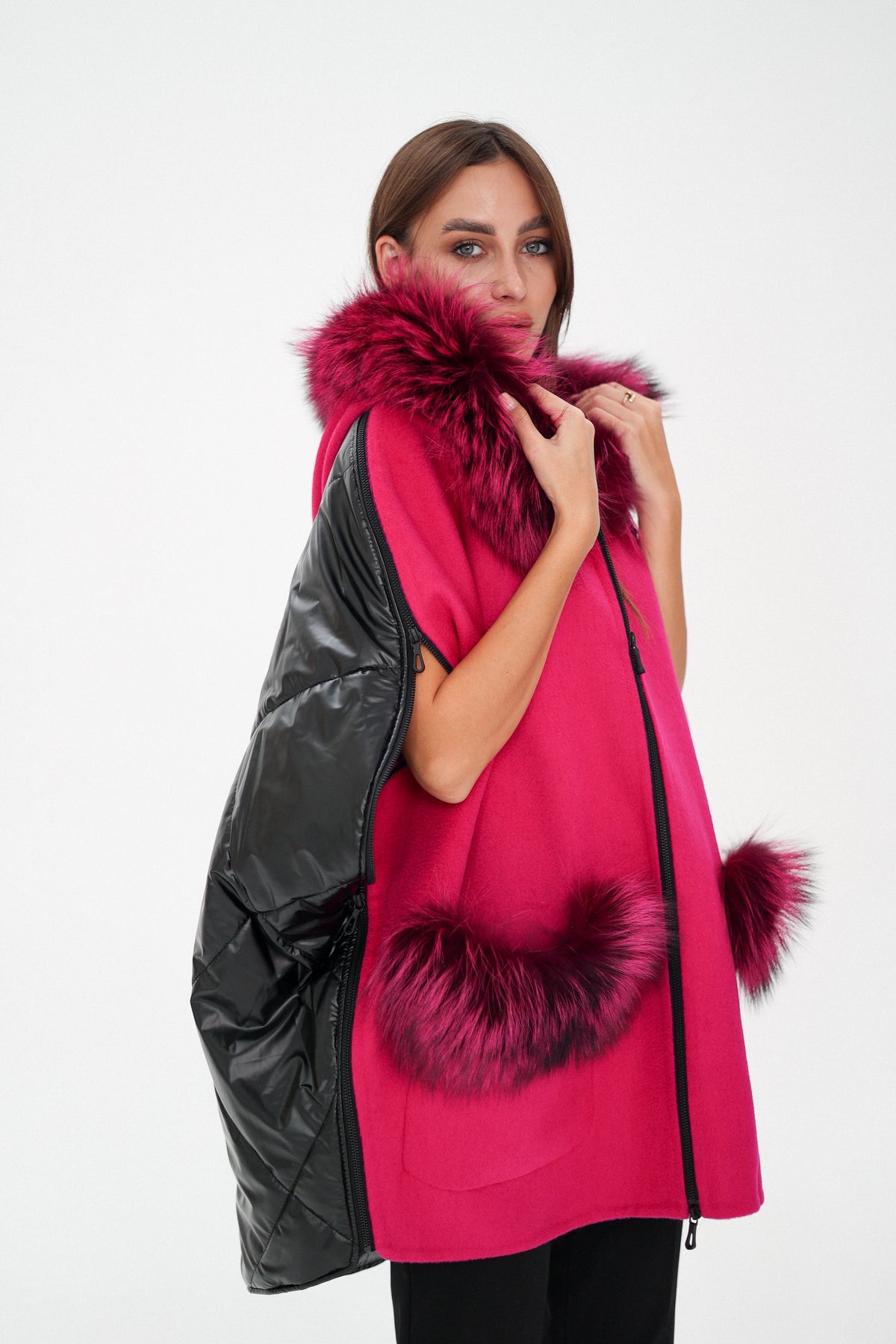 Saga®Furs Silver Fox Wool Cashmere Poncho Vest in Fuchsia