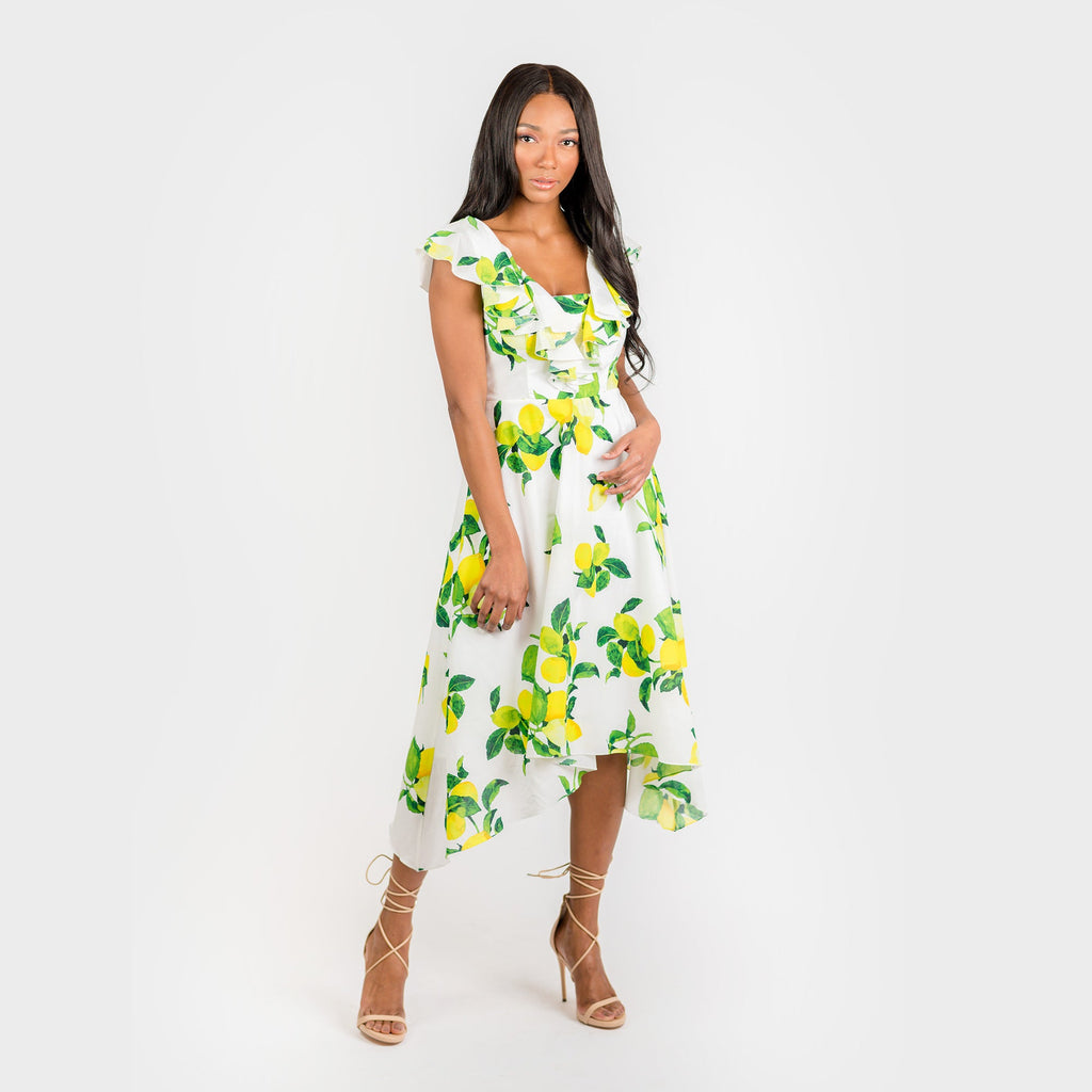 CN7177 Ruffled Nkline Sharkbite Hem Dress
