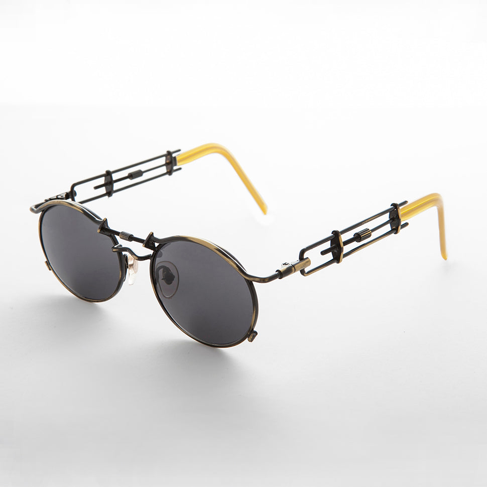 Vintage Steampunk Sunglass with Oval Lens and Intricate Temple Design - Cyrus