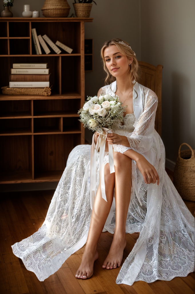 Chantilly Floral Lace Long Robe Set with Train - Next Day Shipping