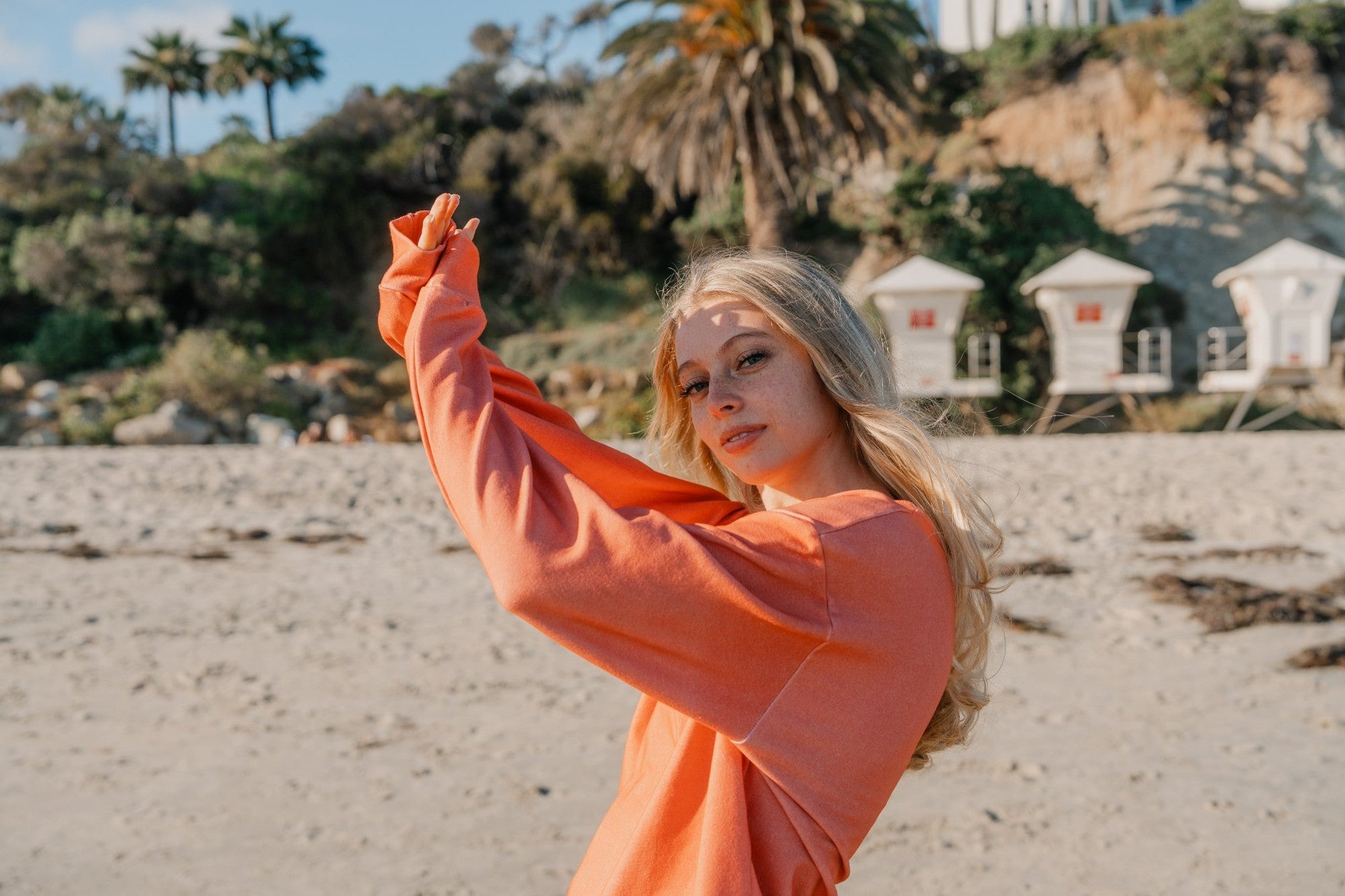 Kadin Dadd, photographed by Carlos Lomeli for Elise Hatsuko, modeling the Coral Sweatshirt for Summer 2026. 