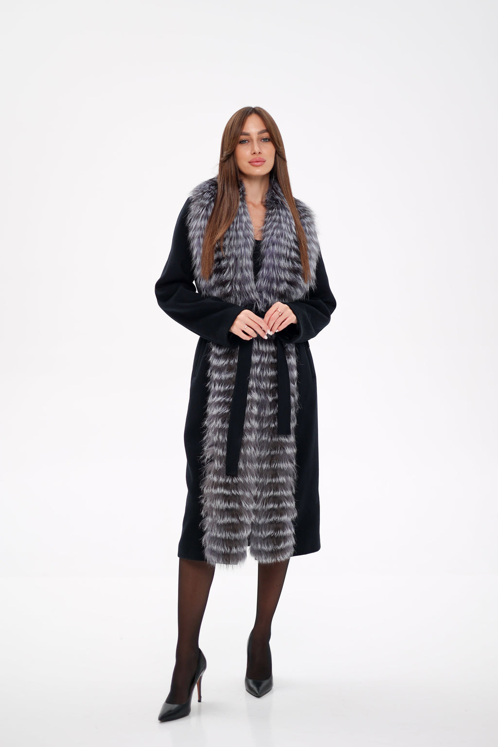 Miranda Coat - Genuine Silver Fox Virgin Wool Wrap Coat in Black