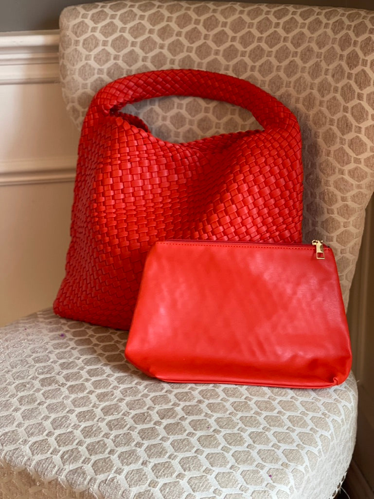 The Willow | Large Woven Vegan Leather Tote - Red/Orange