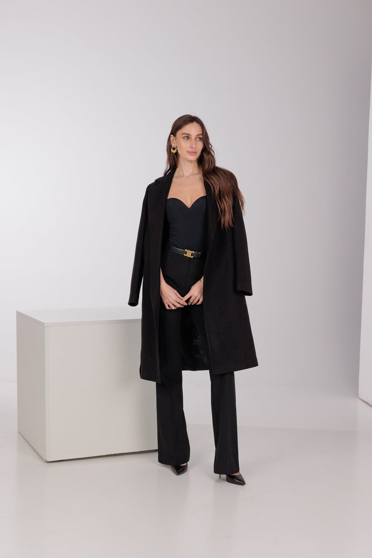 Geneva Classic Wraparound Wool Blend Overcoat in Black