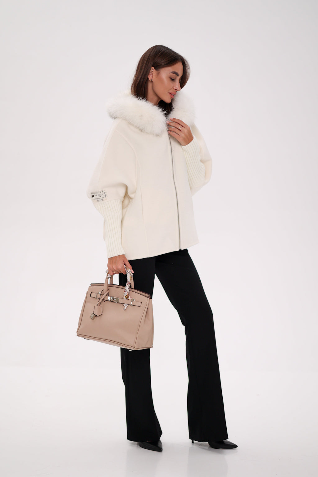 Saga®Furs Hooded Polar Fox Wool Alpaca Coat in White