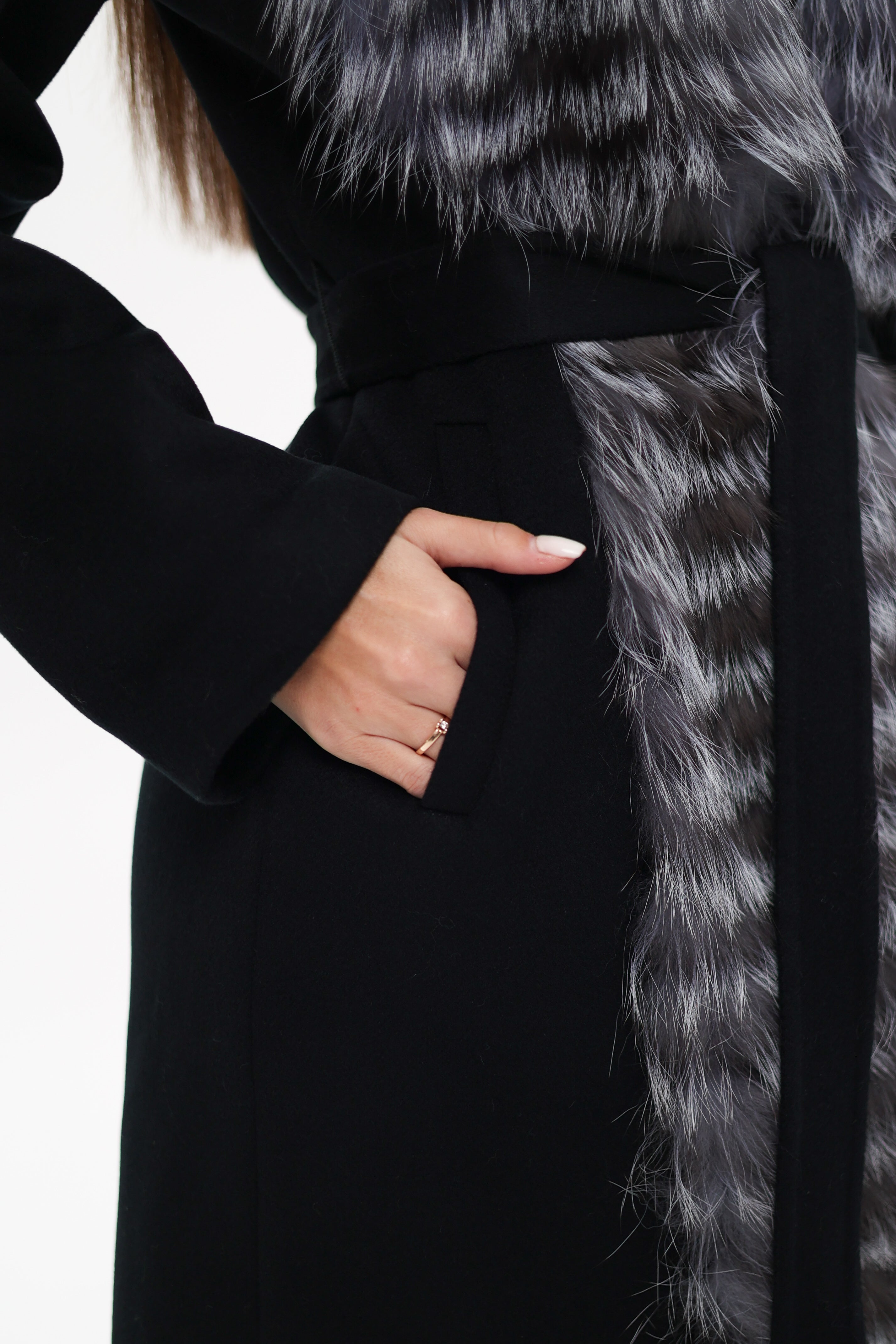 Miranda Coat - Genuine Silver Fox Virgin Wool Wrap Coat in Black
