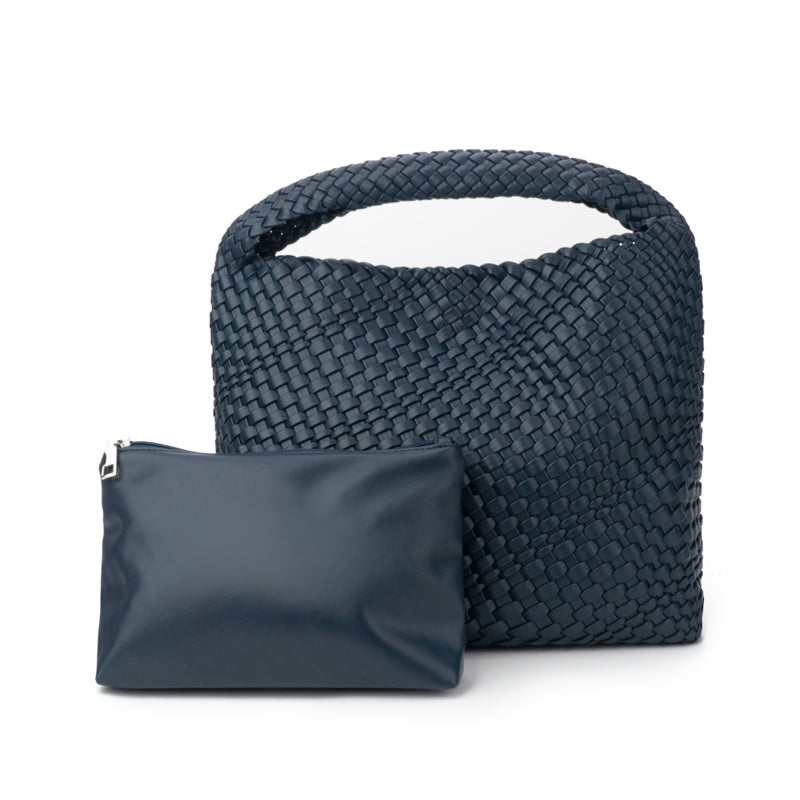 The Willow | Large Woven Vegan Leather Tote - Navy