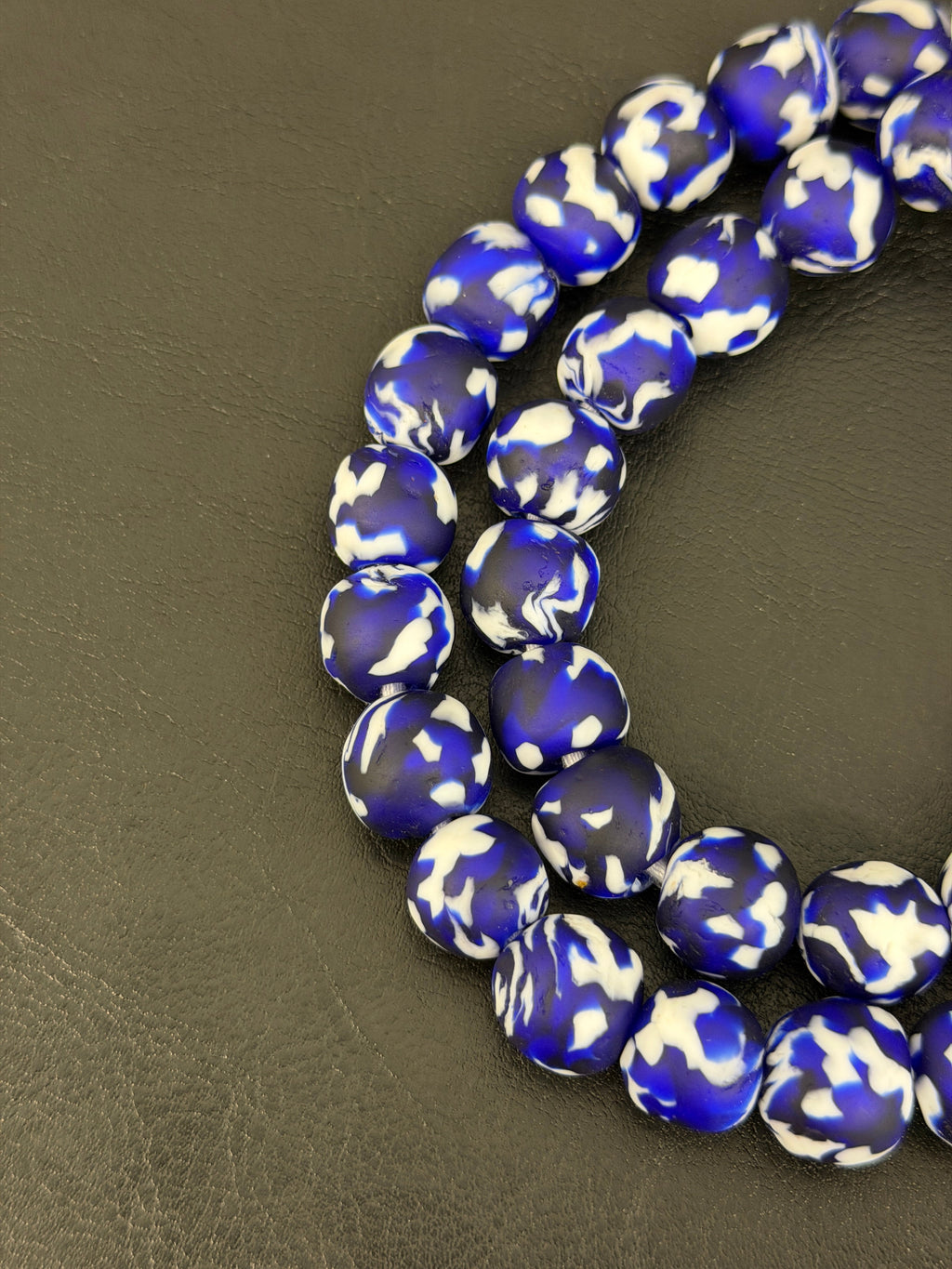 Fused Krobo Recycled Glass Beads 12–14mm | Cobalt Blue, Ivory & Black Handmade African Glass Beads from Ghana