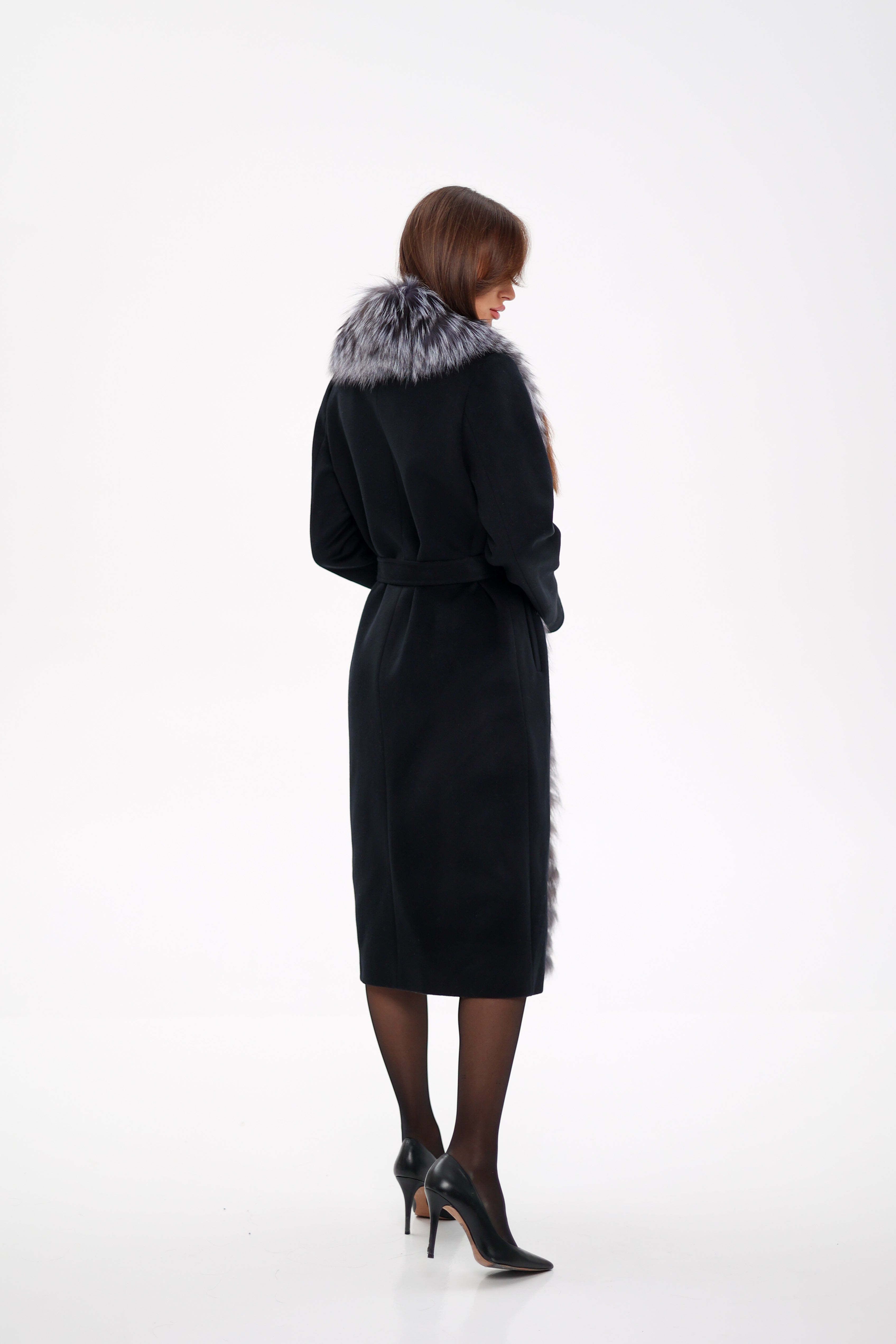 Miranda Coat - Genuine Silver Fox Virgin Wool Wrap Coat in Black