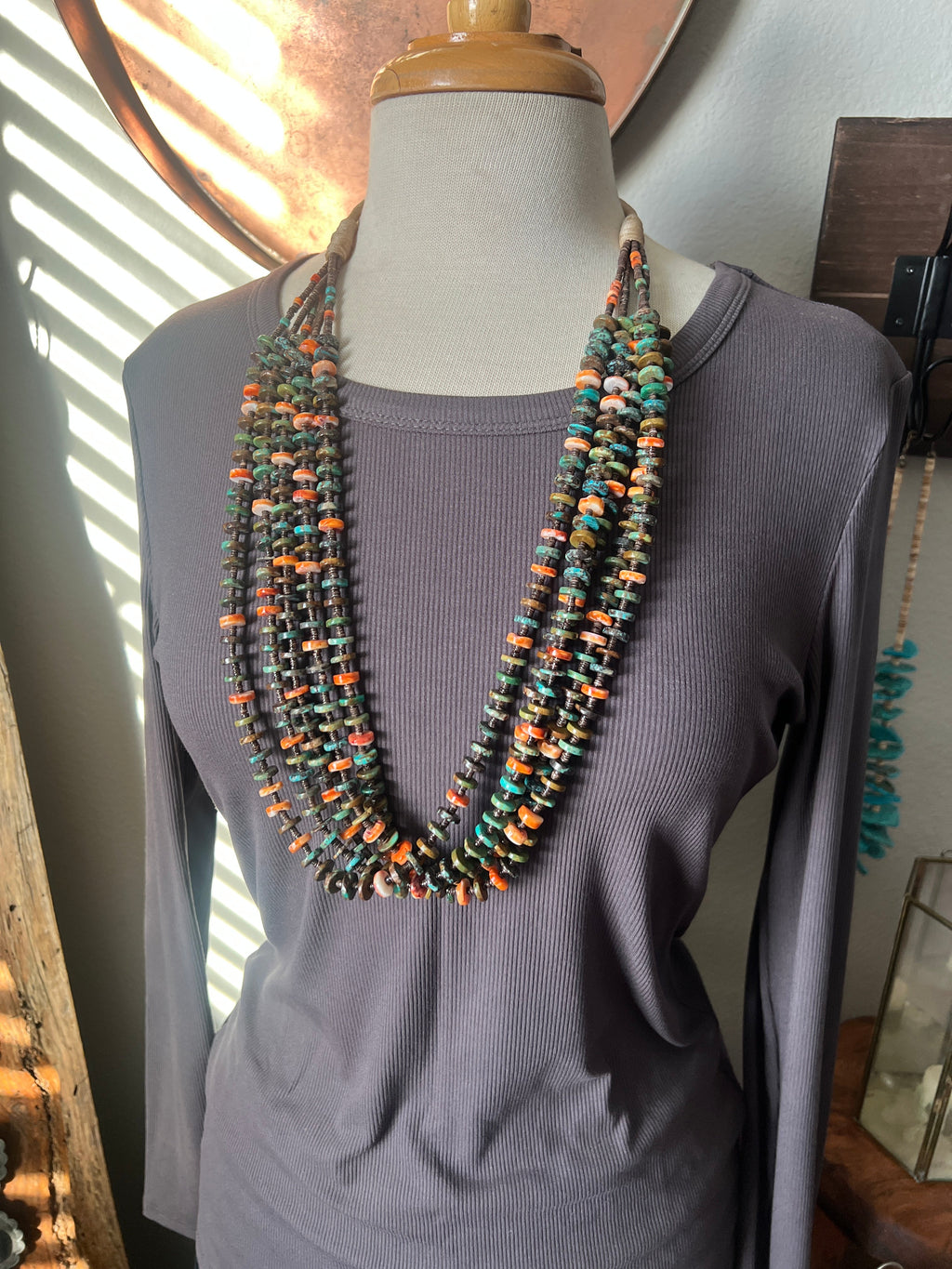 Gorgeous Handcrafted Five Strand Spiny Oyster, Turquoise and Heishi Squaw Wrap Beaded Necklace
