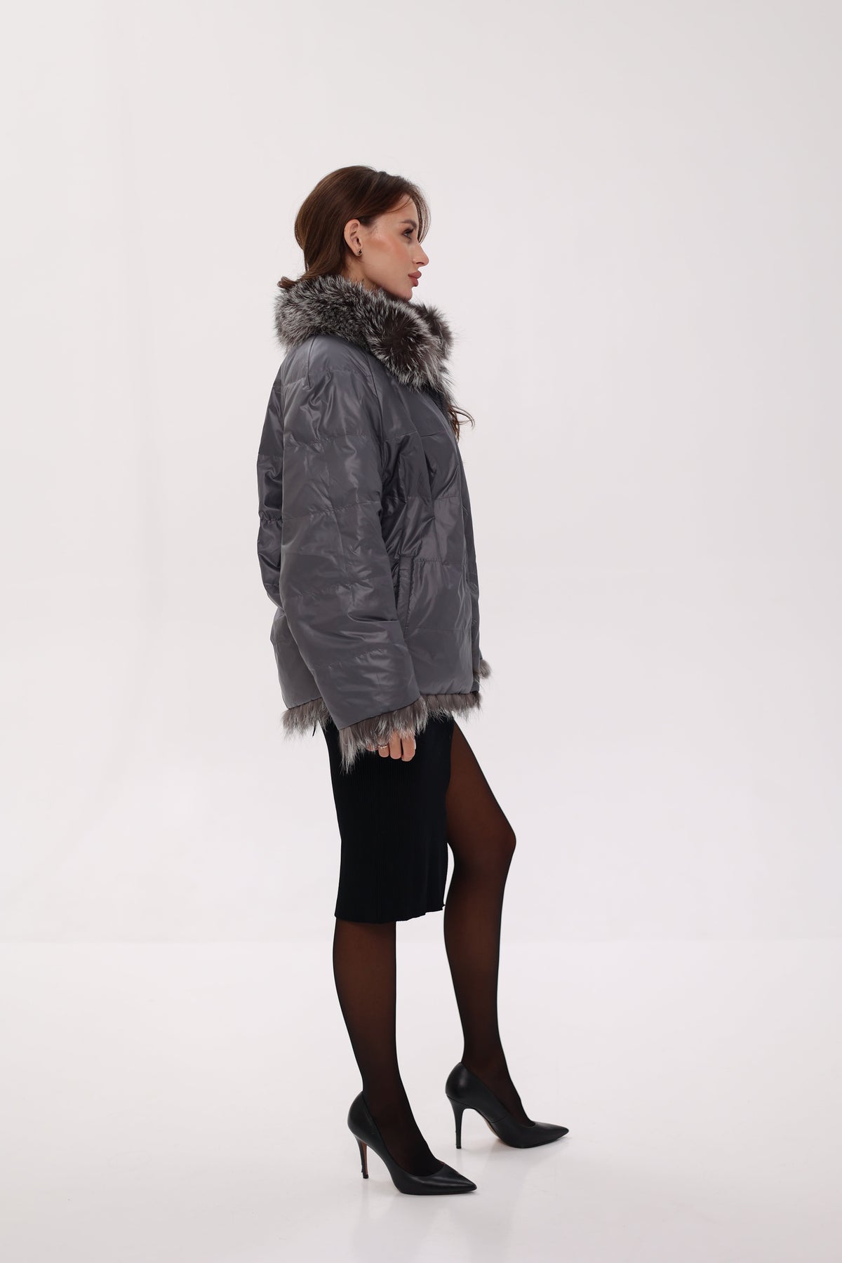 Reversible Genuine Silver Fox  Down Fill Coat in Grey