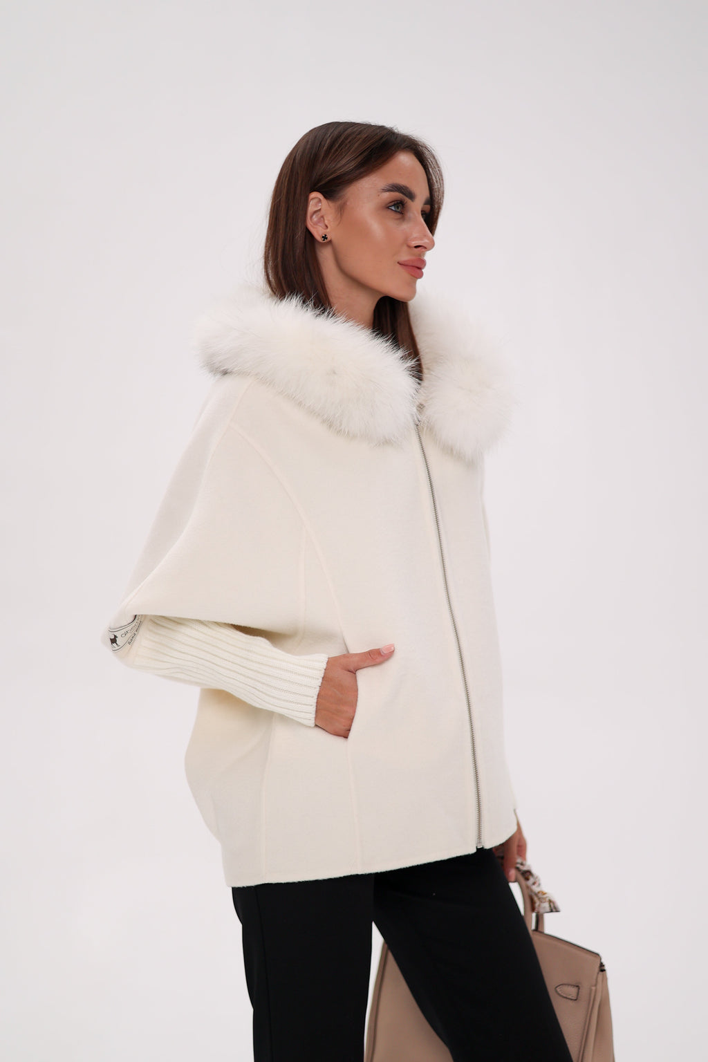 Saga®Furs Hooded Polar Fox Wool Alpaca Coat in White