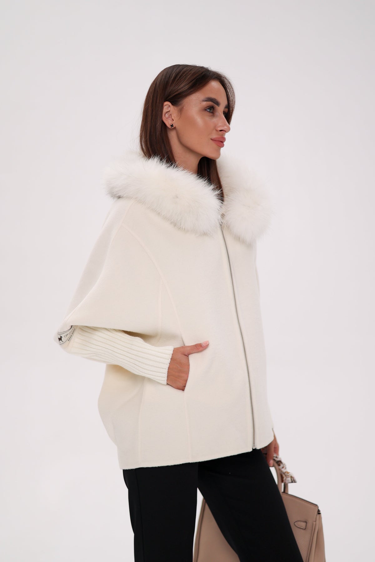 Saga®Furs Hooded Polar Fox Wool Alpaca Coat in White