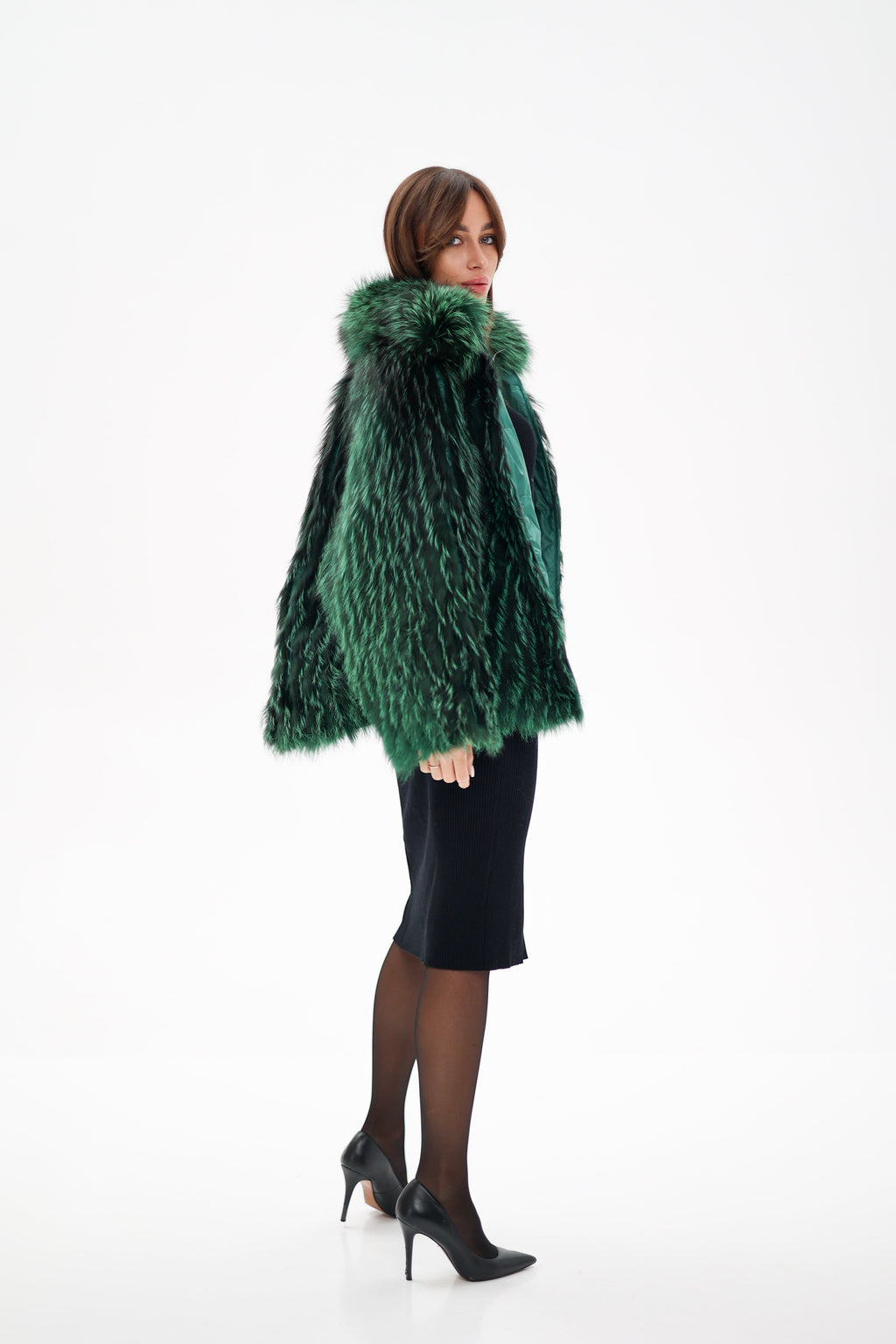 Reversible Genuine Silver Fox  Down Fill Coat in Emerald