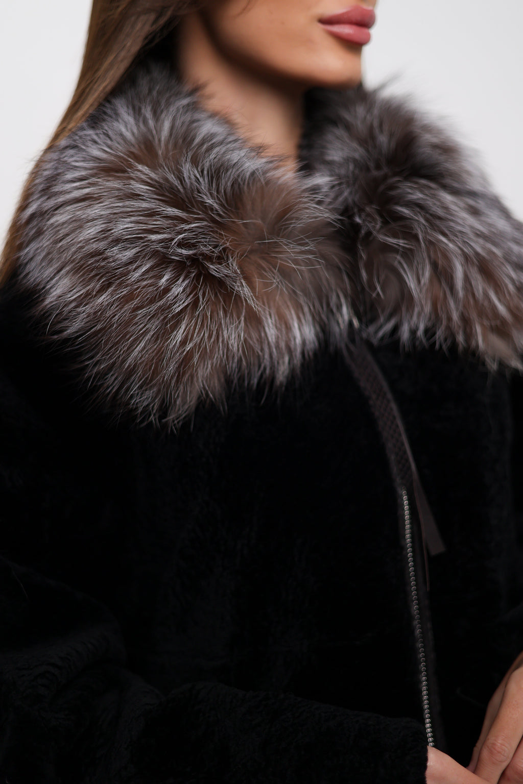 Palermo Genuine Astrakhan Silver Fox Trim Coat