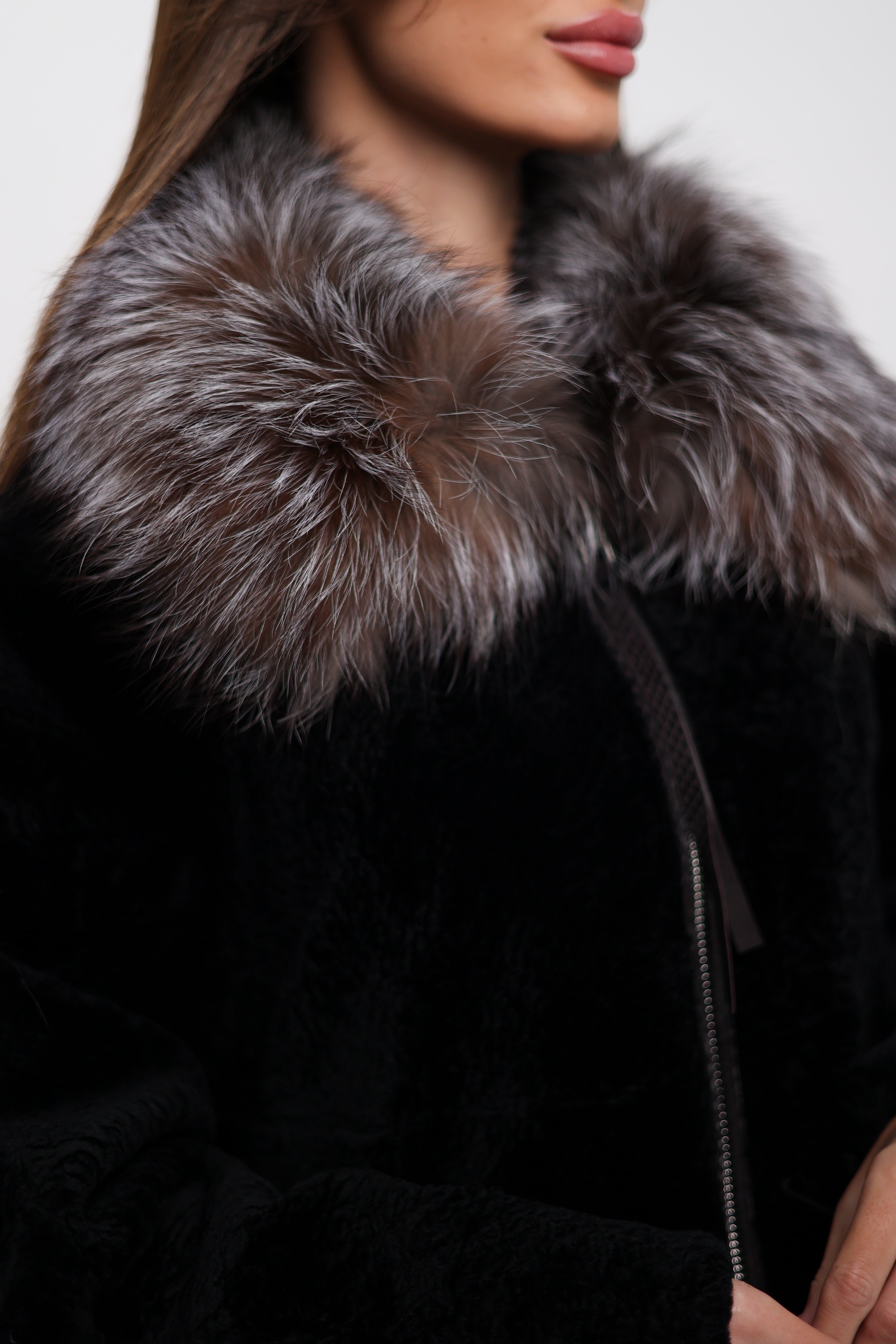 Palermo Genuine Astrakhan Silver Fox Trim Coat