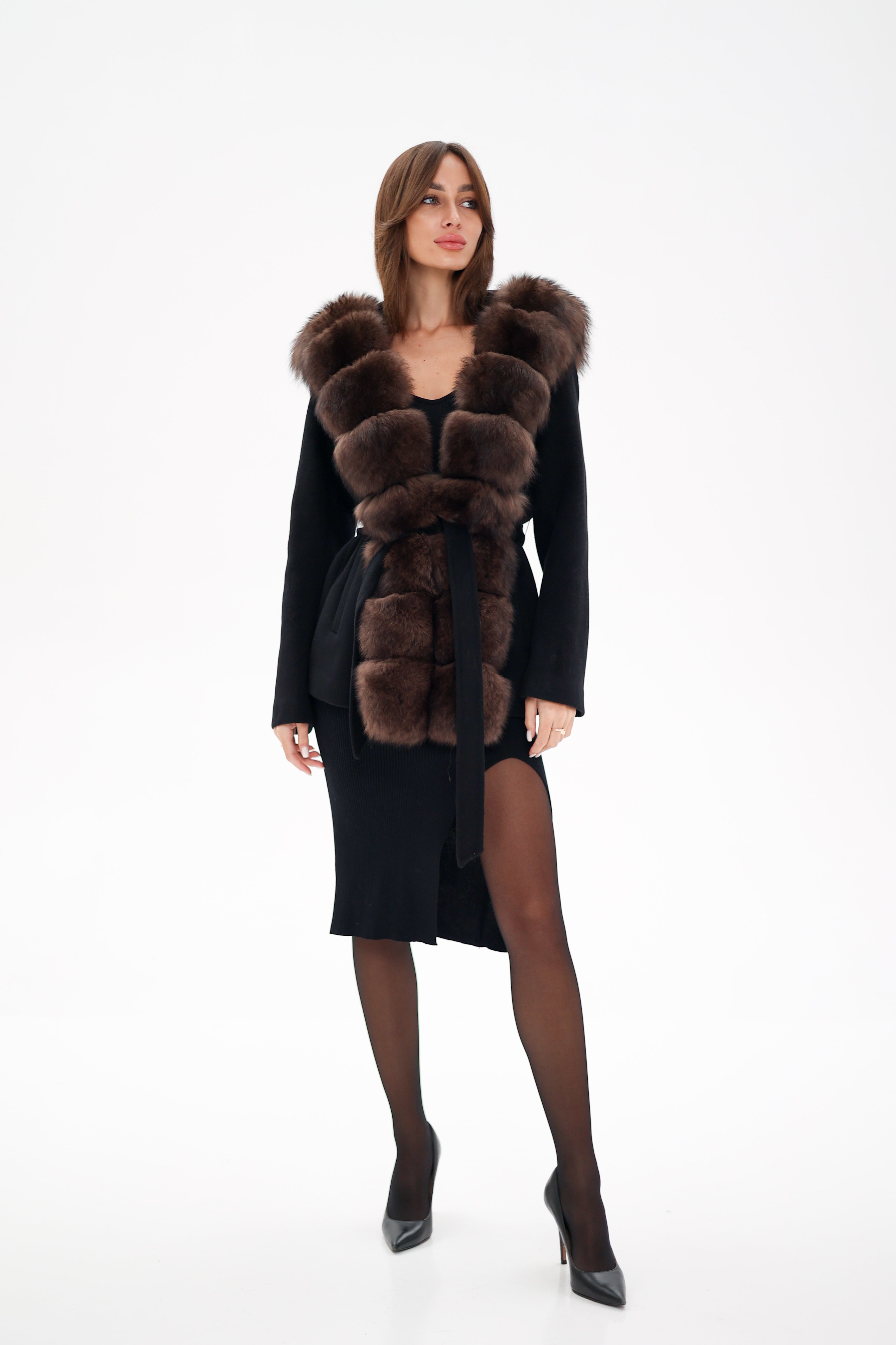 Genuine Polar Fox Fur Hooded Virgin Wool Coat