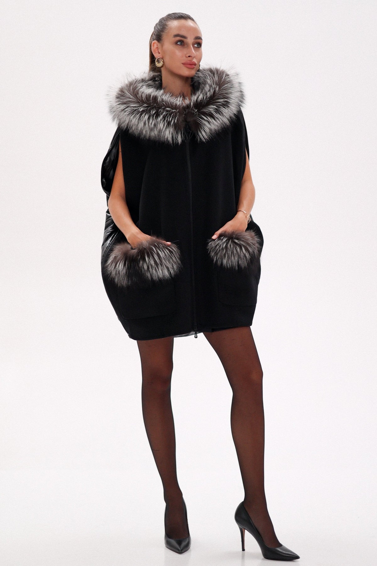 Saga®Furs Silver Fox Wool Cashmere Poncho Vest in Black