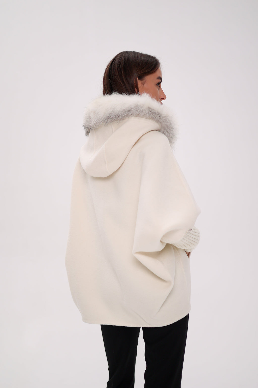 Saga®Furs Hooded Polar Fox Wool Alpaca Coat in White