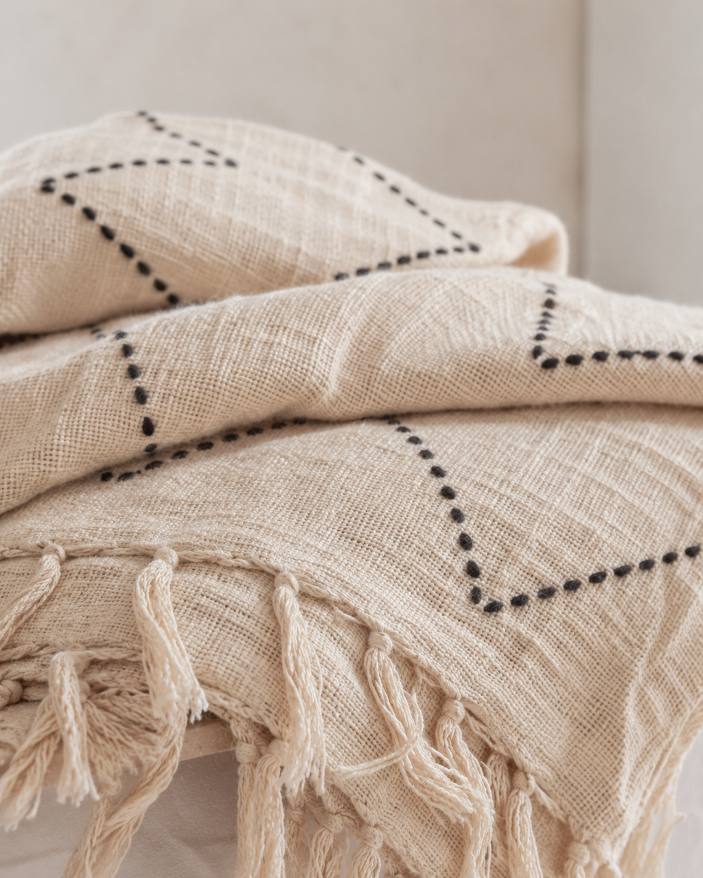 Hand Loomed Cotton Blanket in Black Motif