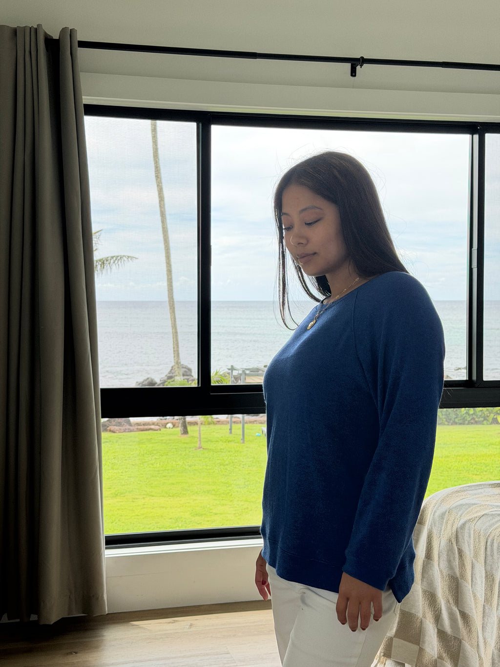Frankie Crewneck royal blue — brushed knit sleeve detail