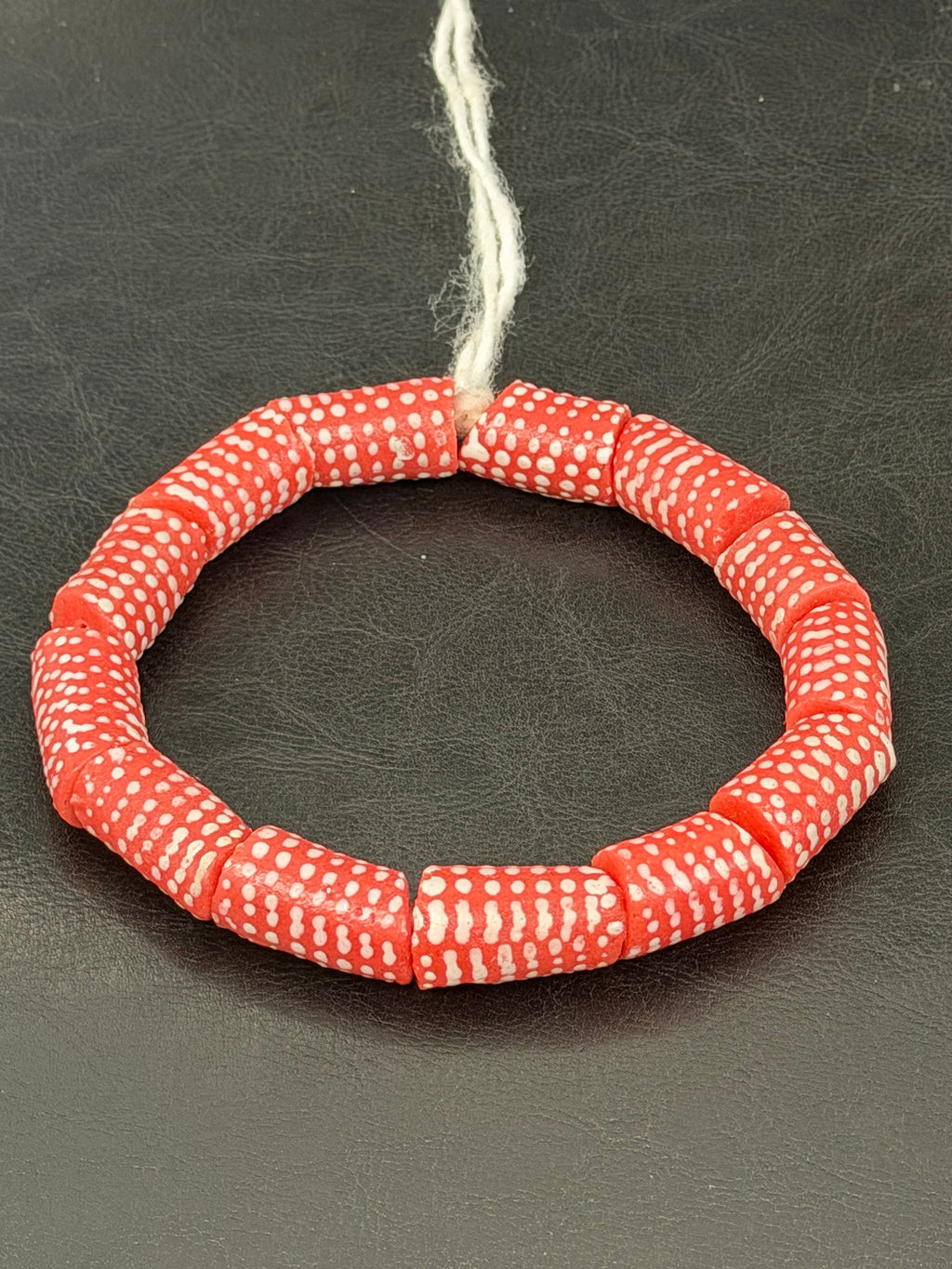 Painted Krobo Glass Beads | Red & White Polka Dot Long Tube Beads | Handcrafted Ghana Recycled Glass Beads