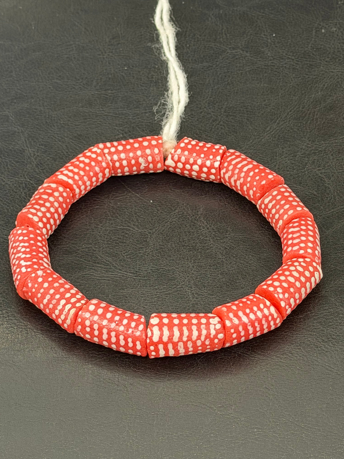 Painted Krobo Glass Beads | Red & White Polka Dot Long Tube Beads | Handcrafted Ghana Recycled Glass Beads