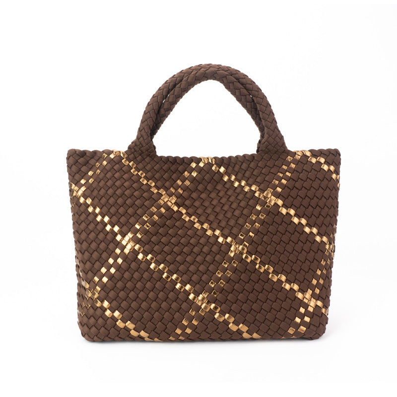 The Charli | Large Woven Neoprene Tote with Wristlet | Cocoa with Gold Stripe