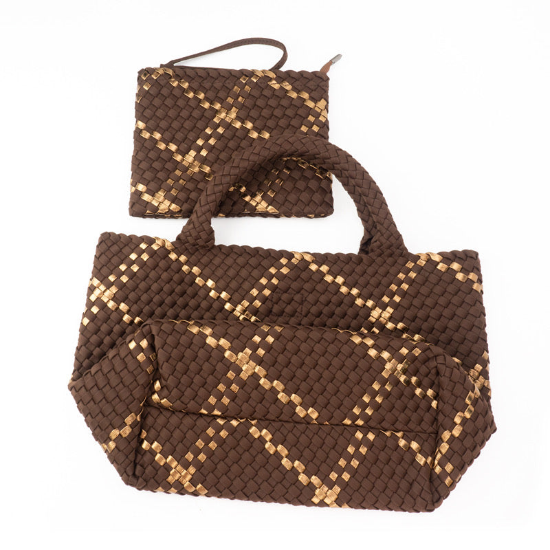 The Charli | Large Woven Neoprene Tote with Wristlet | Cocoa with Gold Stripe